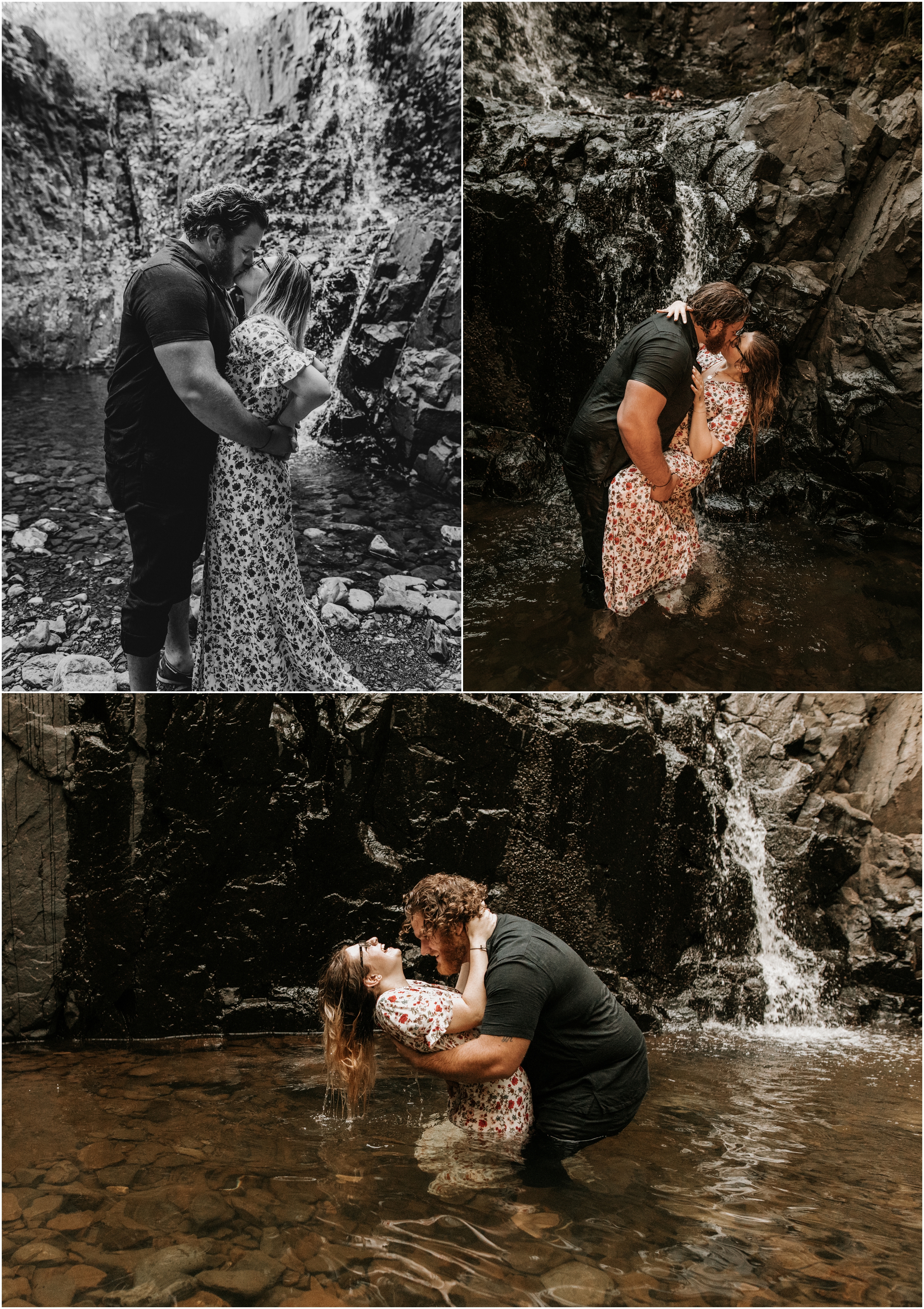 couple kissing and playing in waterfall