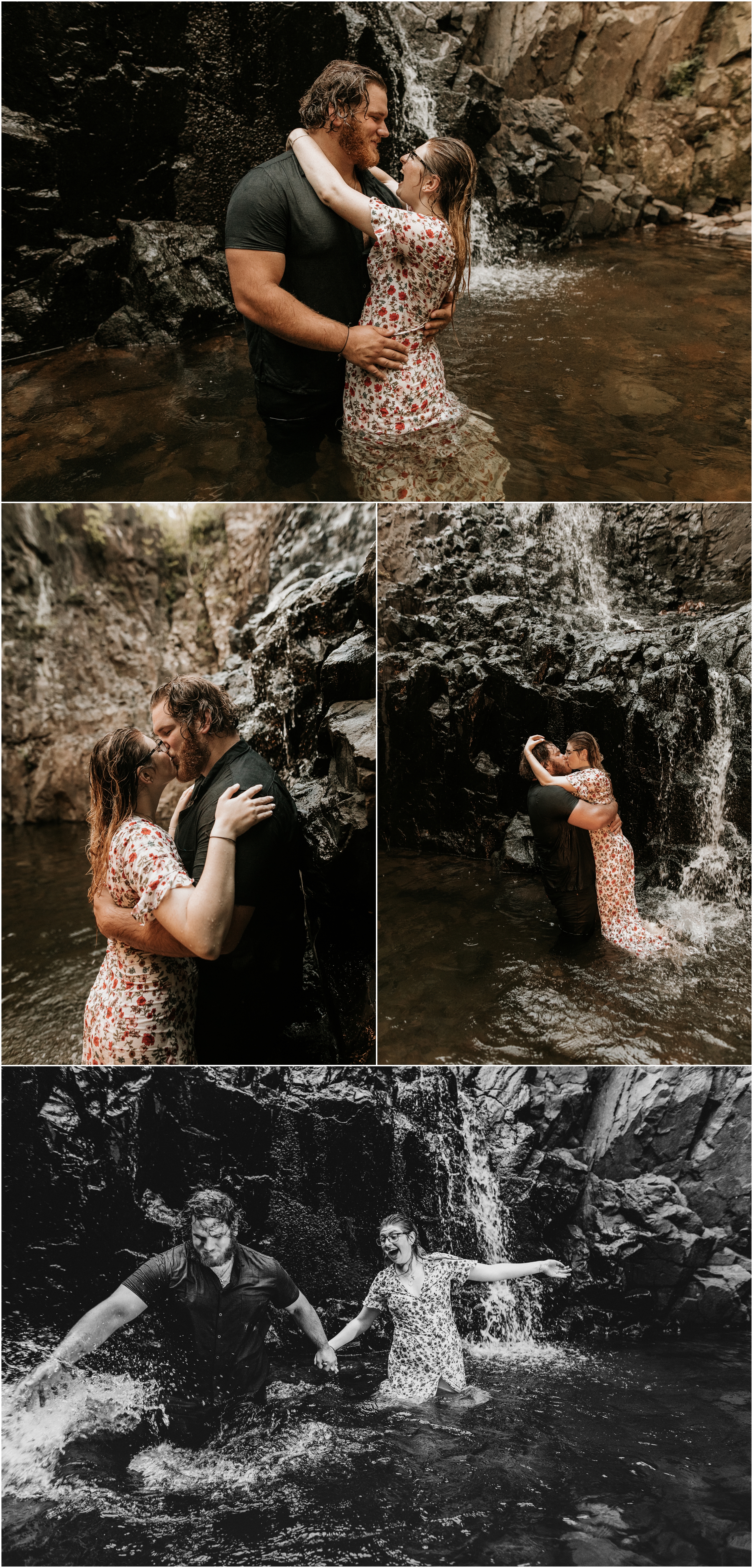 couple kissing and playing in waterfall