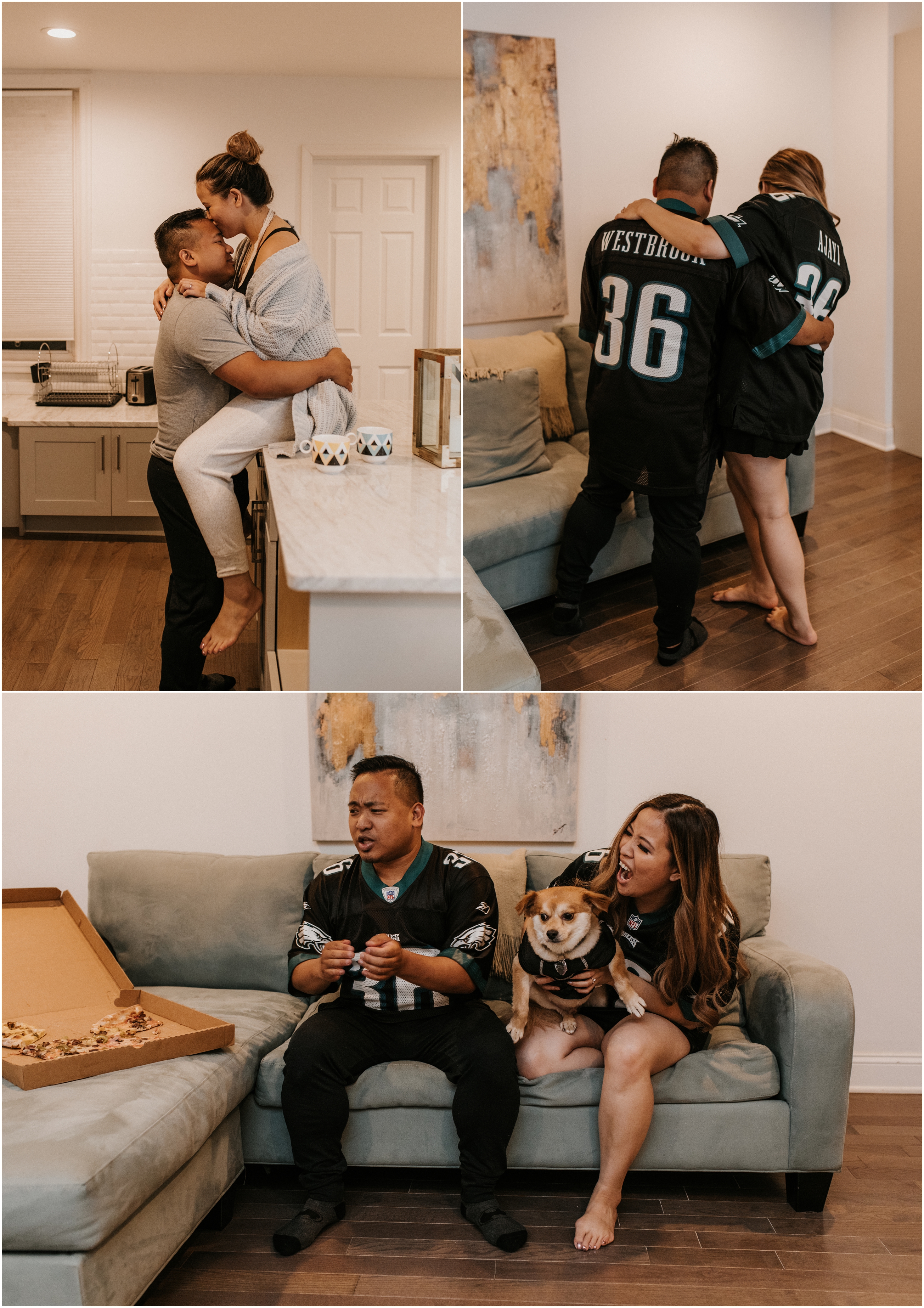 couple wearing eagles jerseys and eating pizza on couch