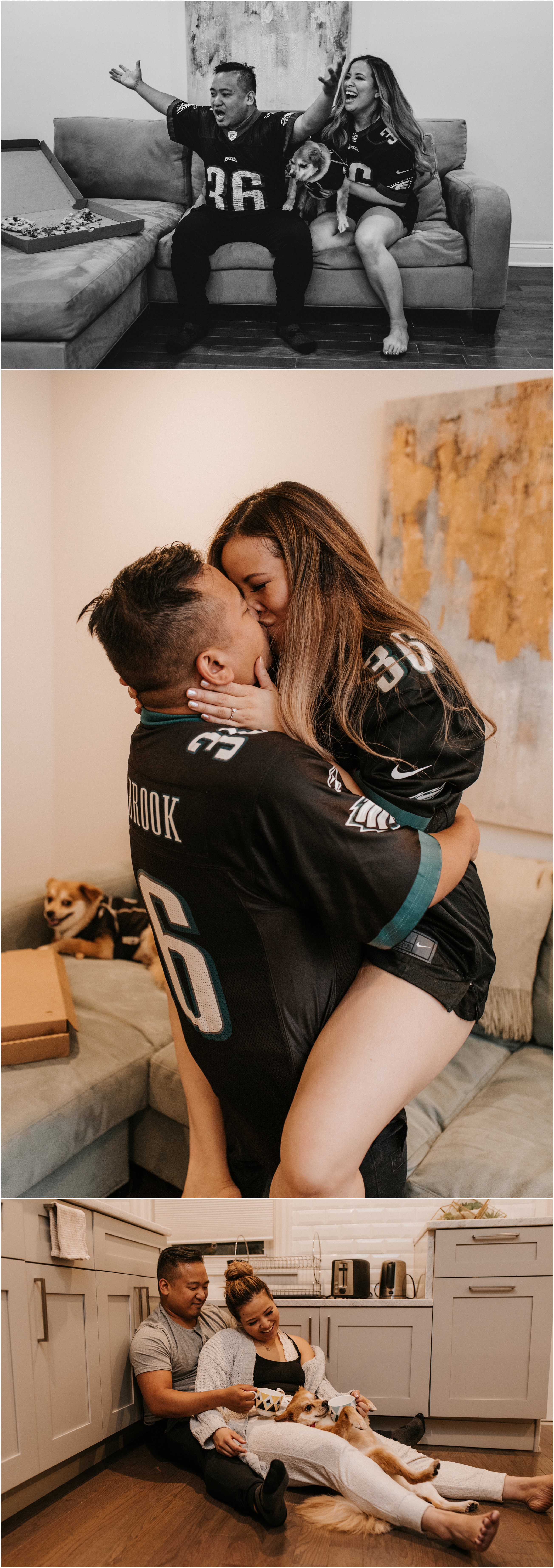 couple kissing in eagles jerseys