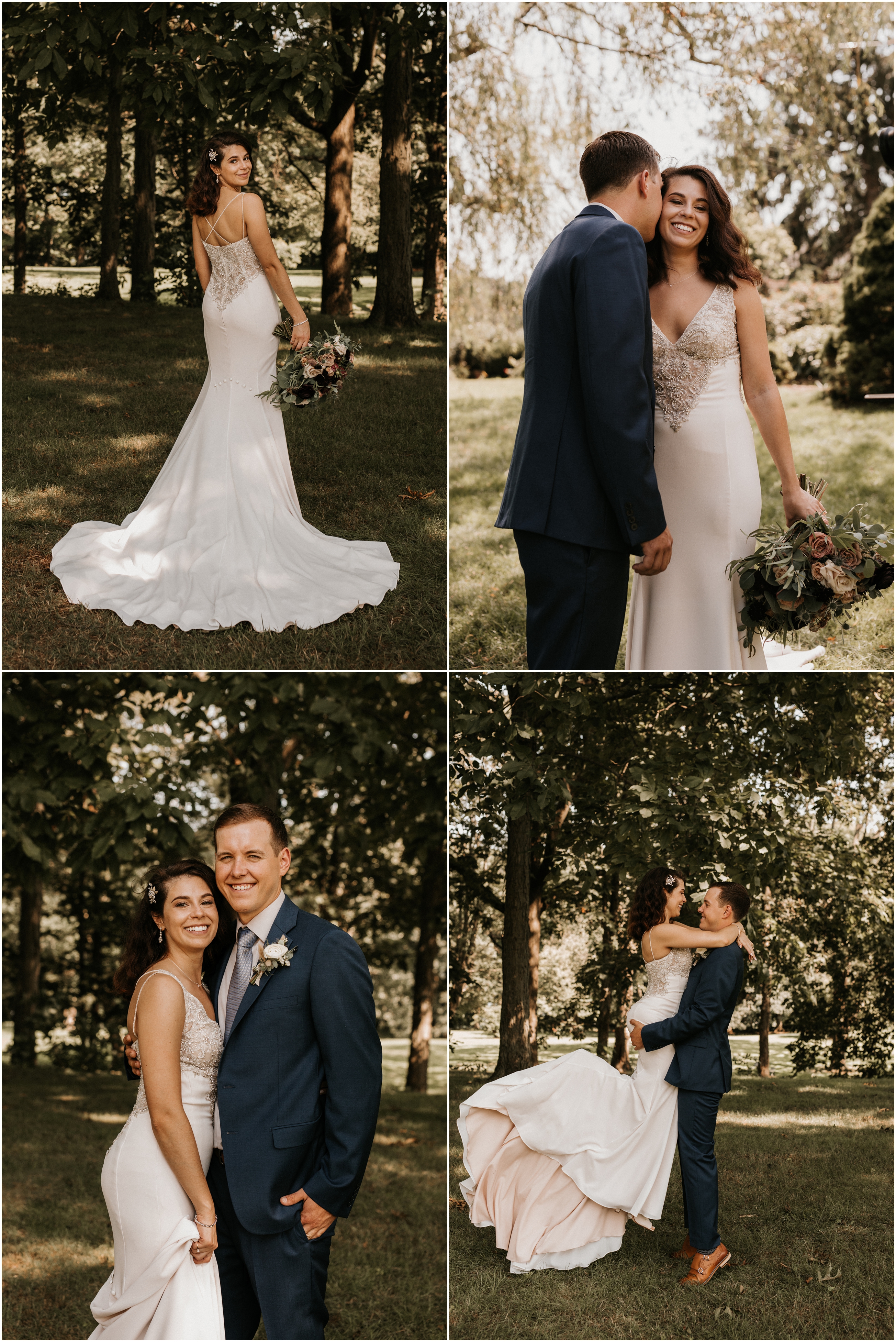 bride and groom portraits at park on wedding day