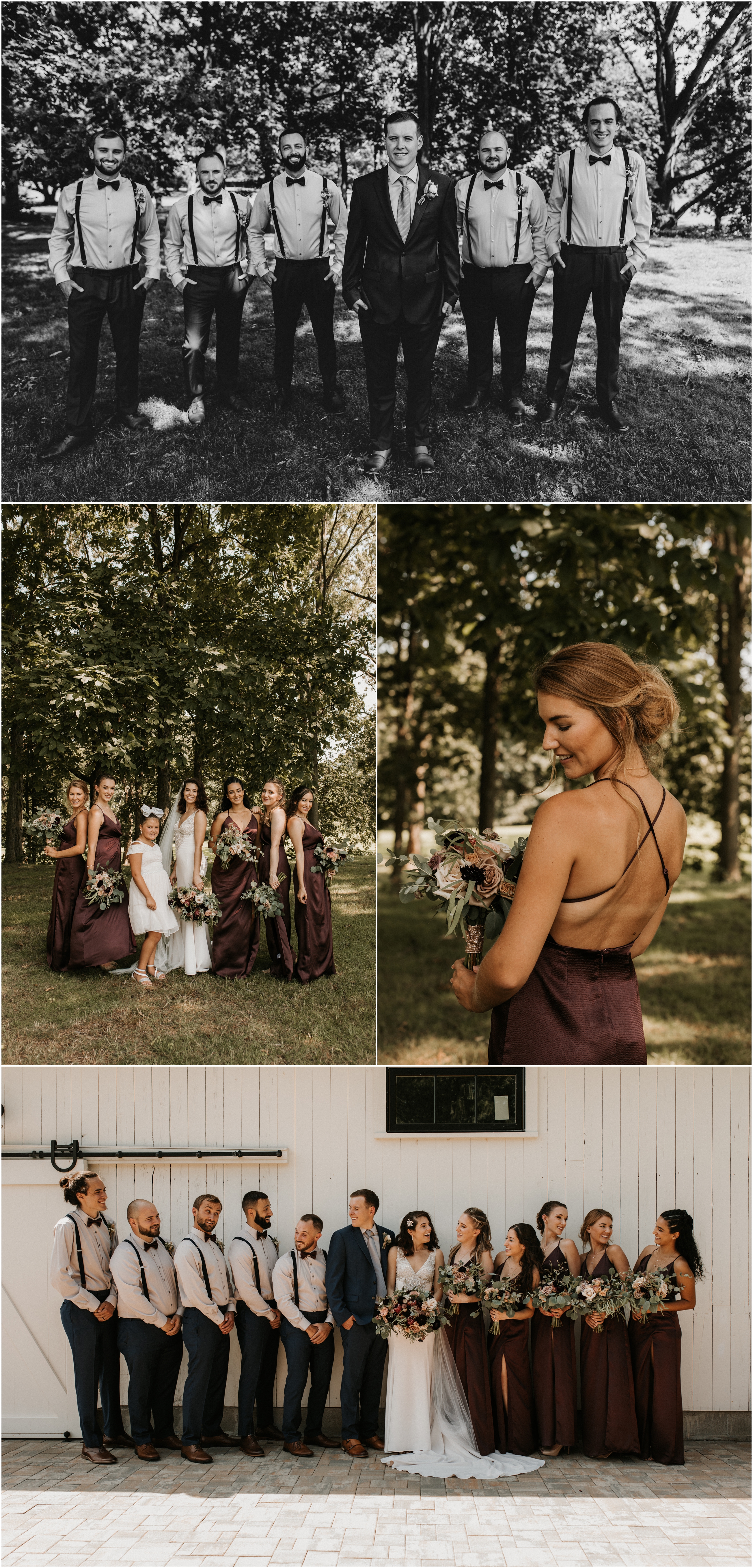 bridesmaids in maroon gowns at park