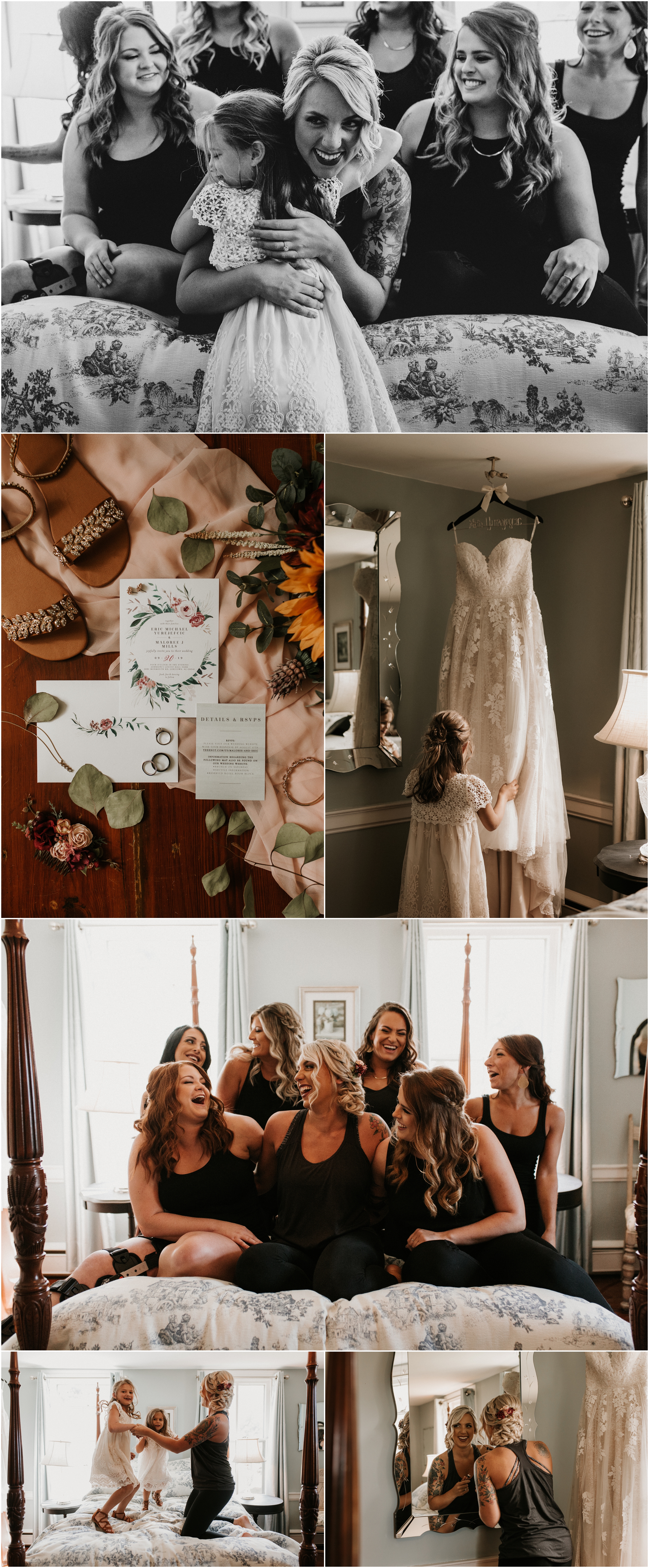 bride's wedding gown hanging, bridesmaids laughing on bed