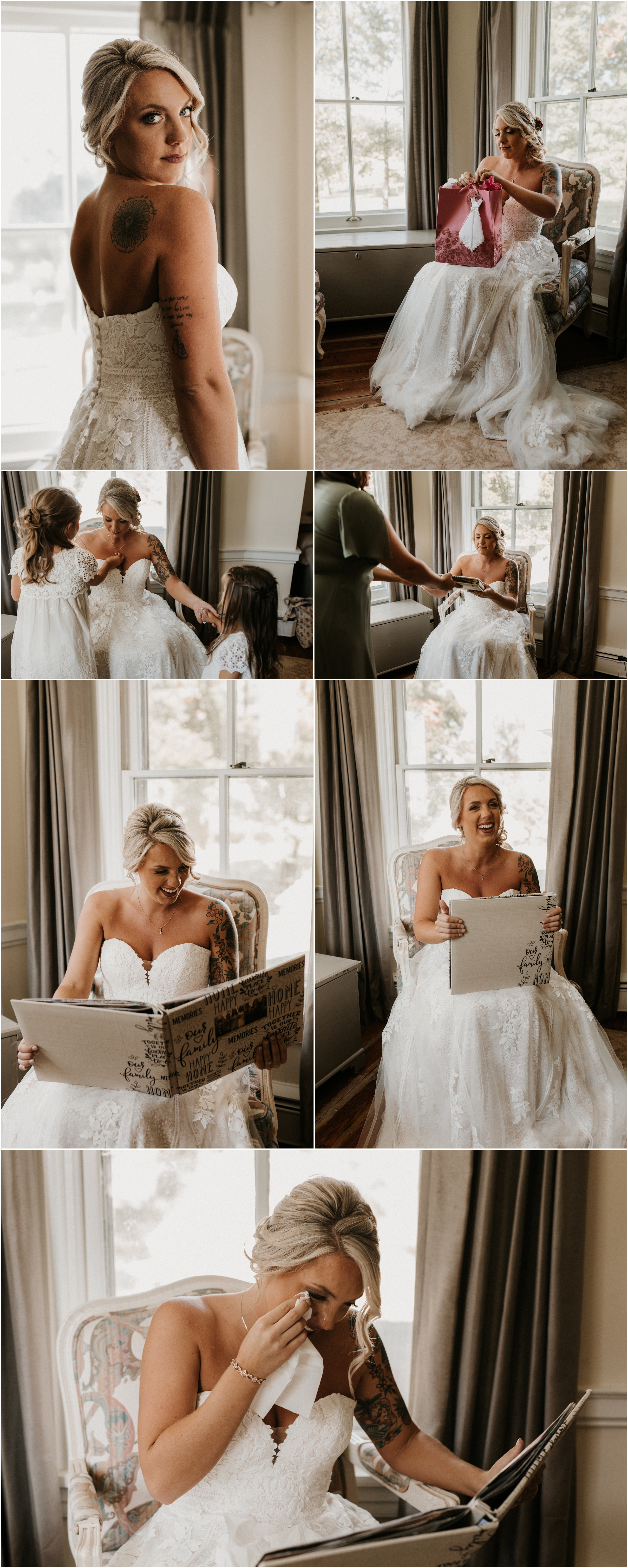 bride opening gifts from bridesmaids
