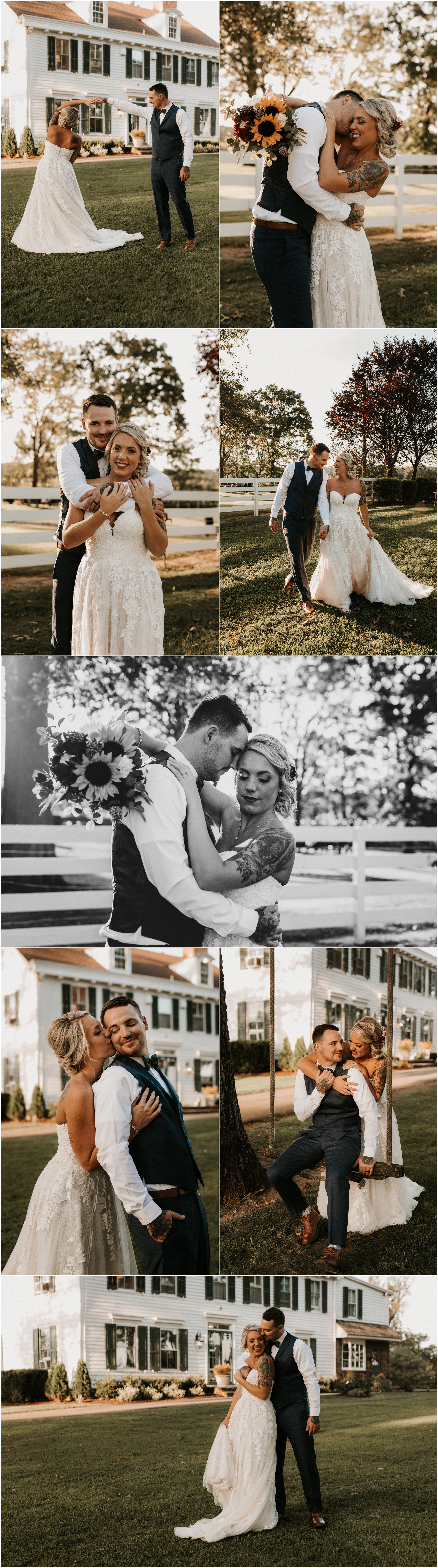 bride and groom portraits at sunset on farm
