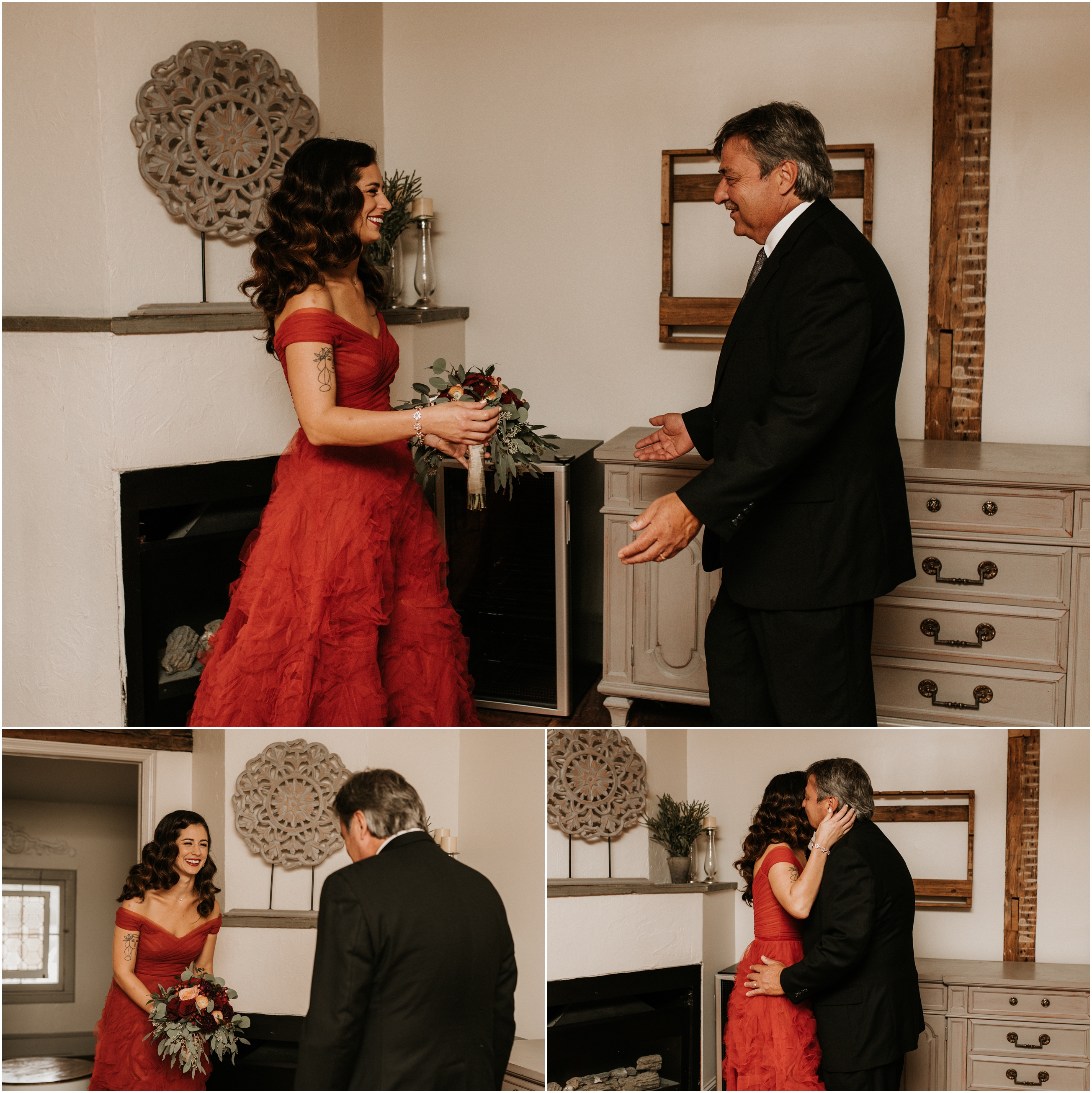 bride in red gown first look with father
