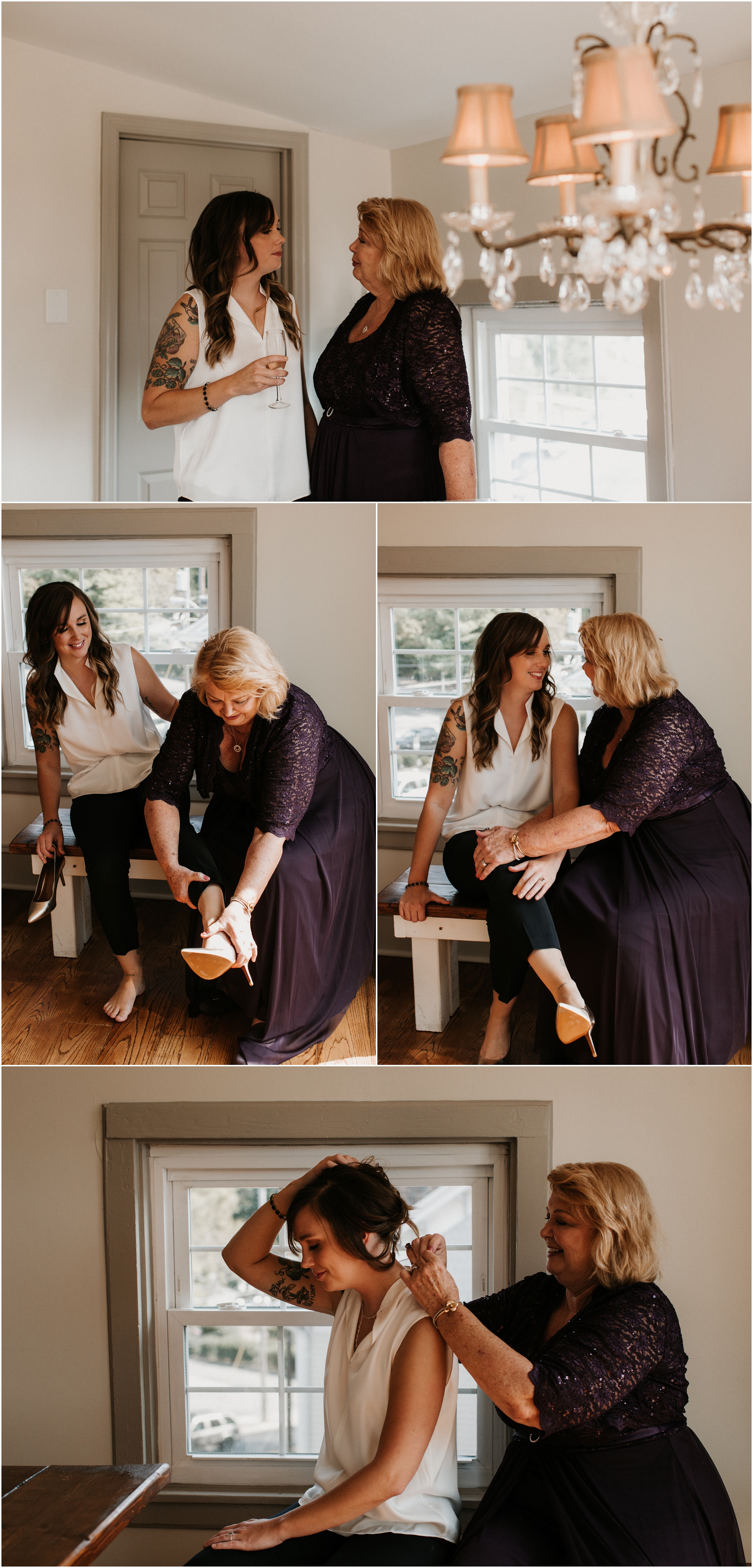 bride putting heels on with mother