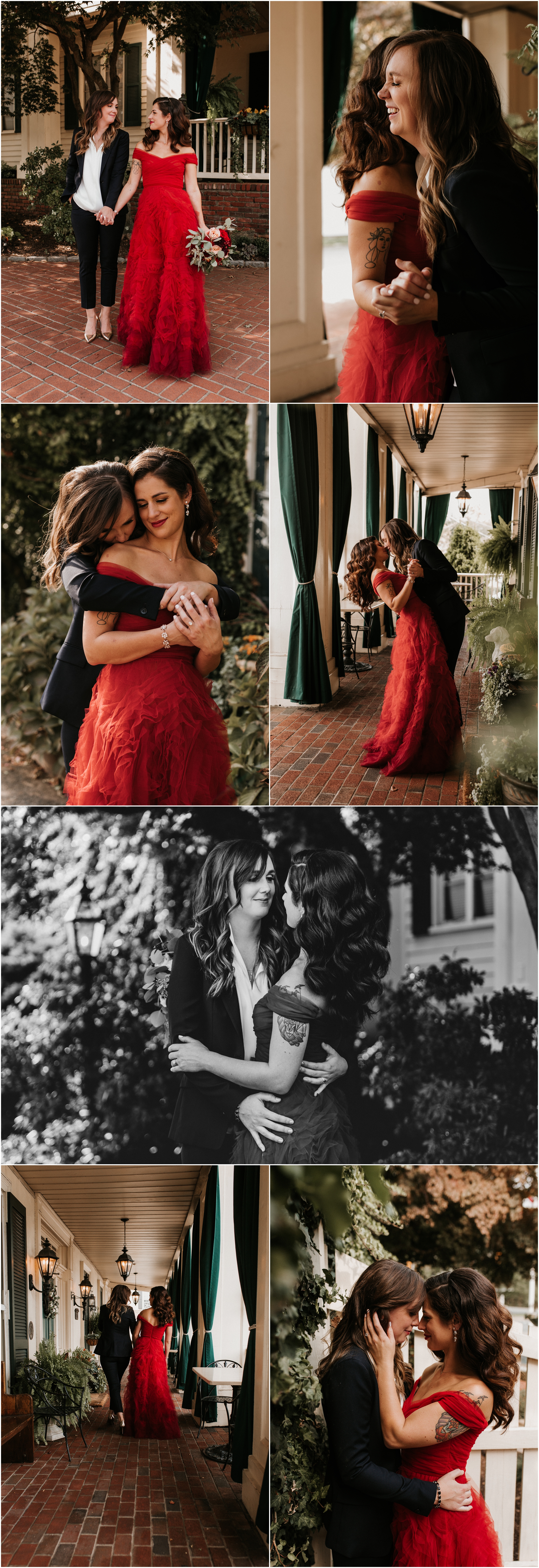bride in red gown with bride in navy blue suit