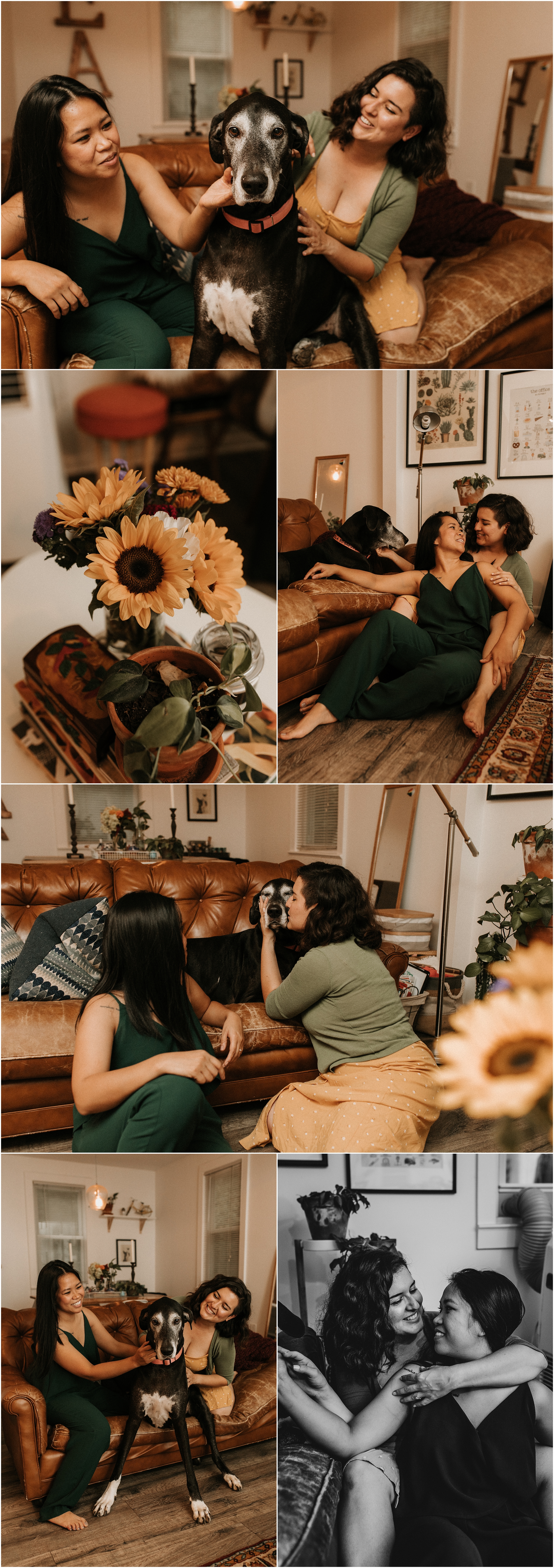 lgbtq couple cuddling with dog in home engagement session