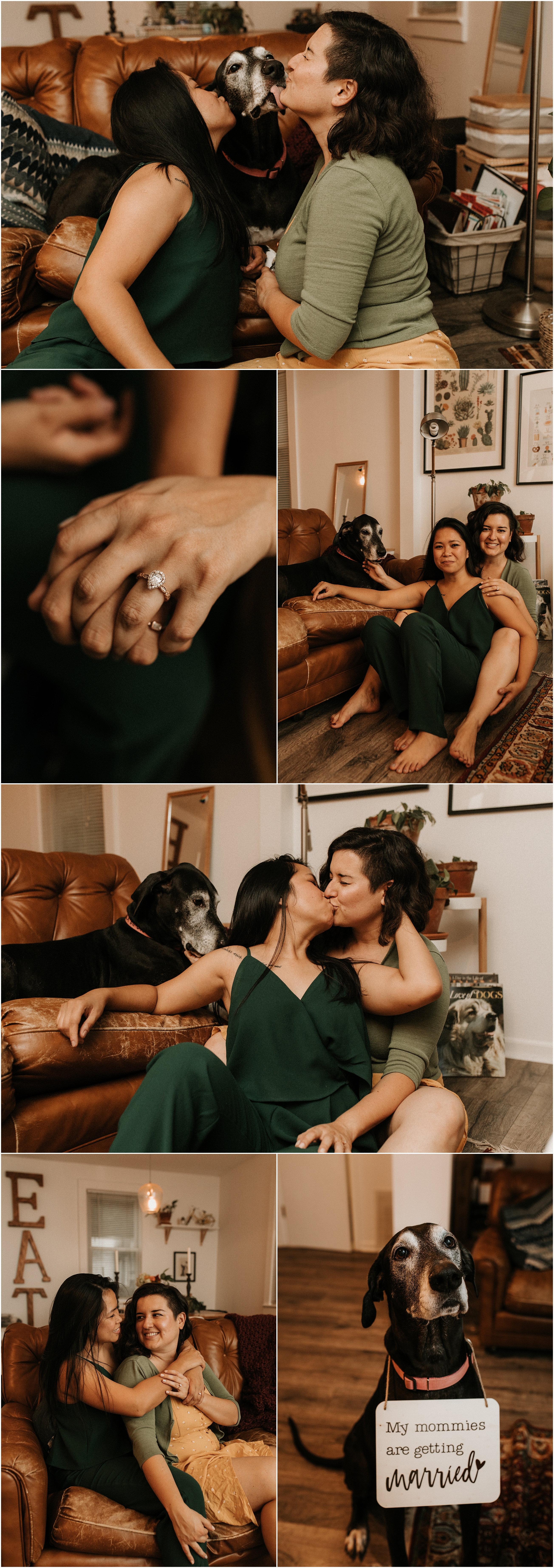lgbtq couple cuddling with dog in home engagement session