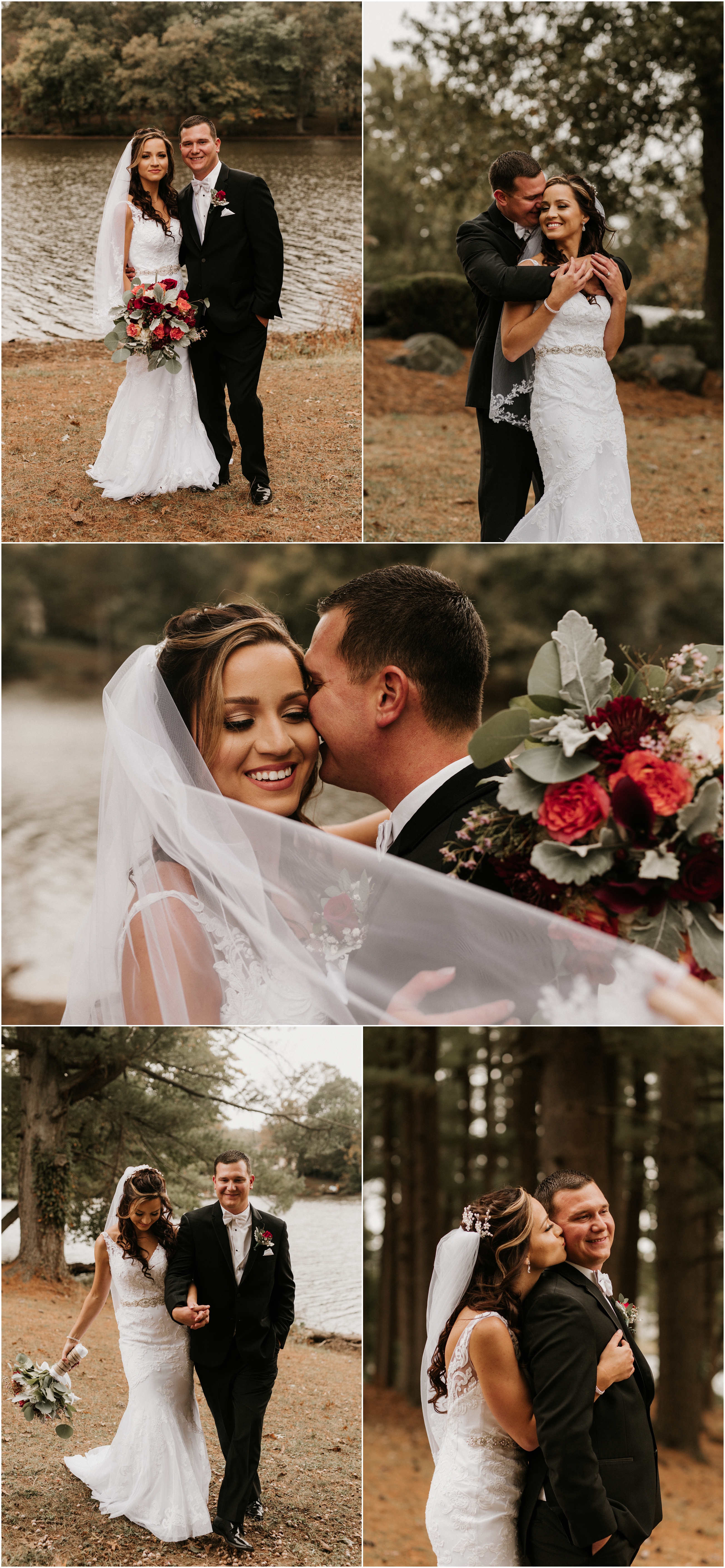 bride and groom portraits on the lake
