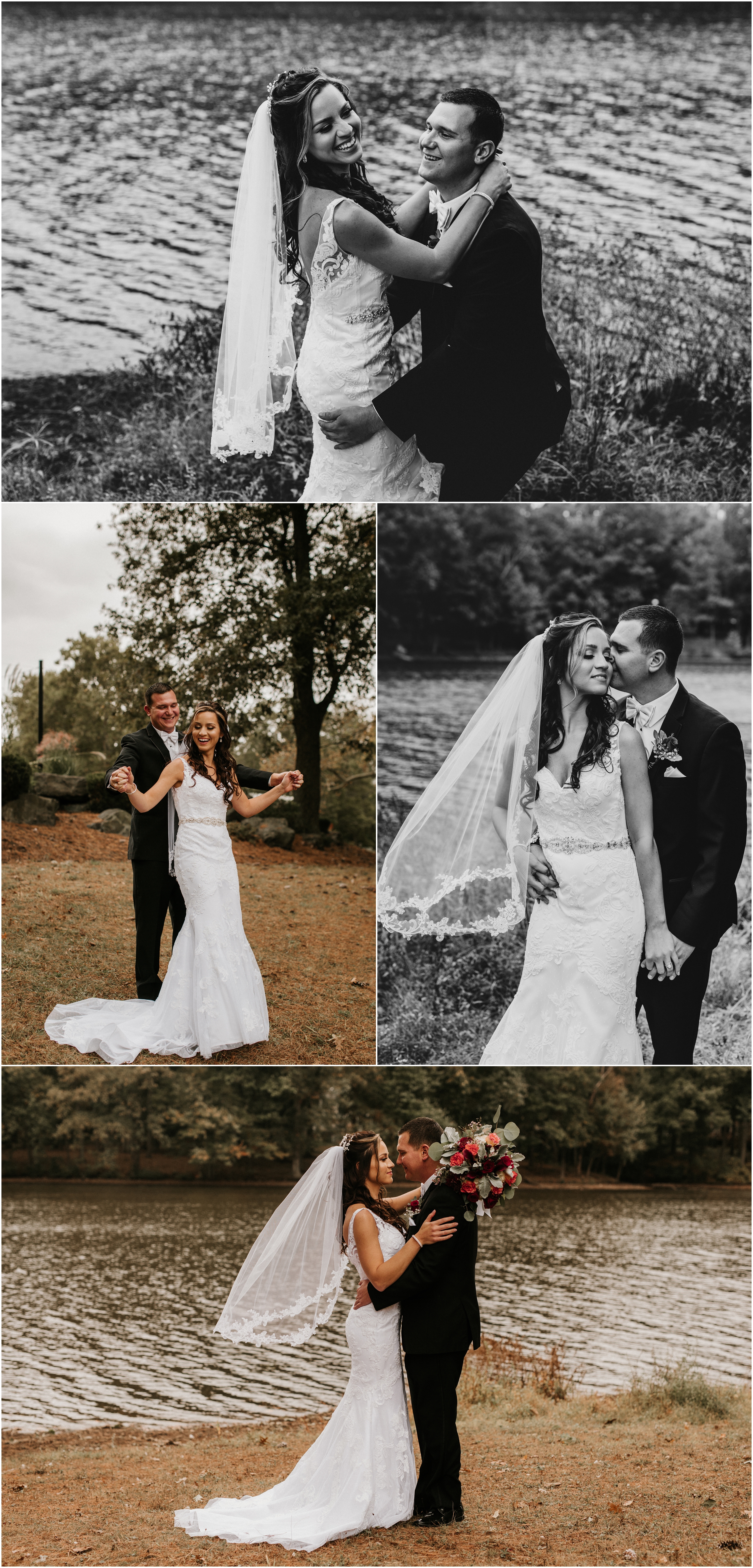 bride and groom portraits on the lake