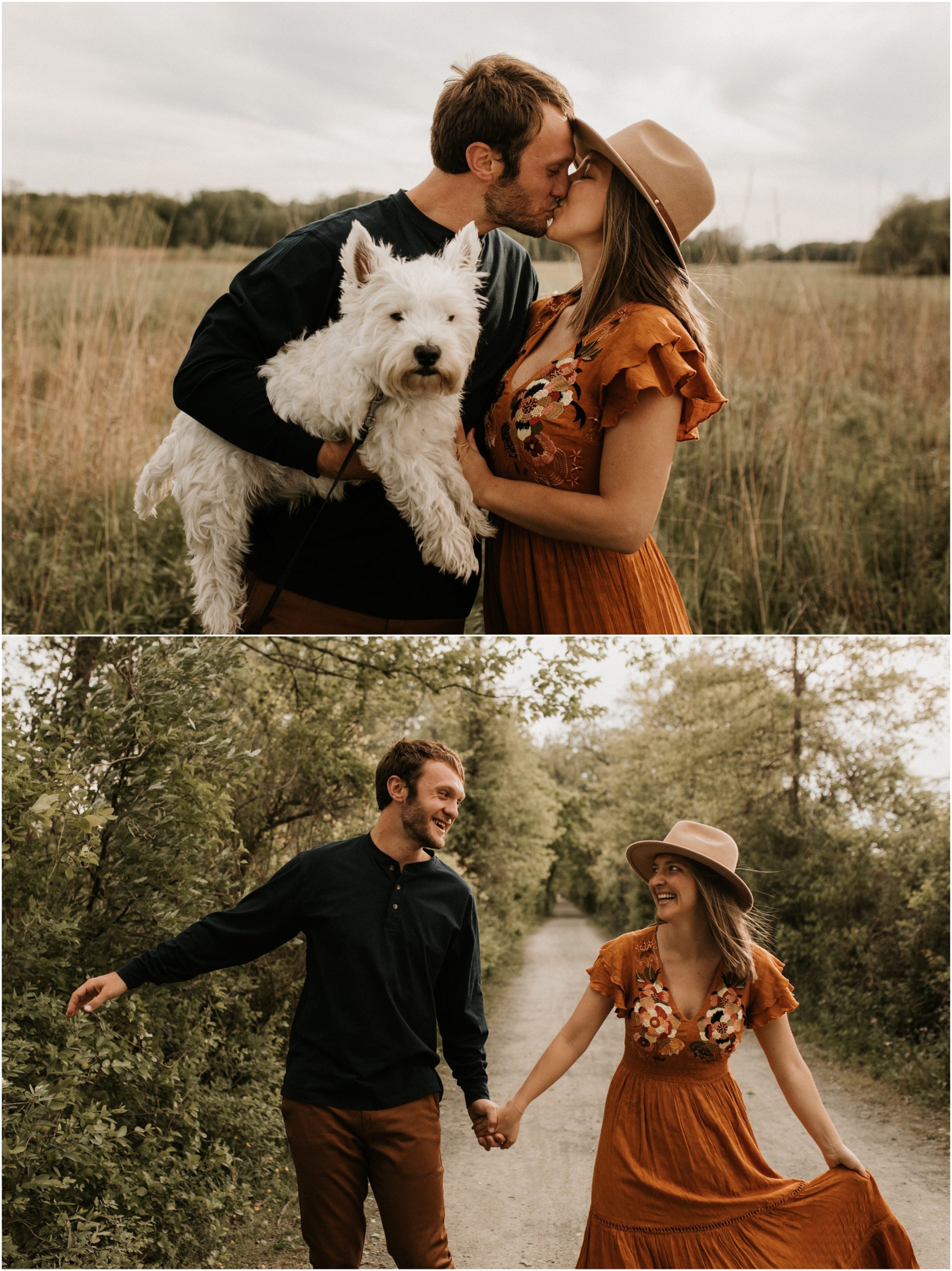 couple kissing while holding dog
