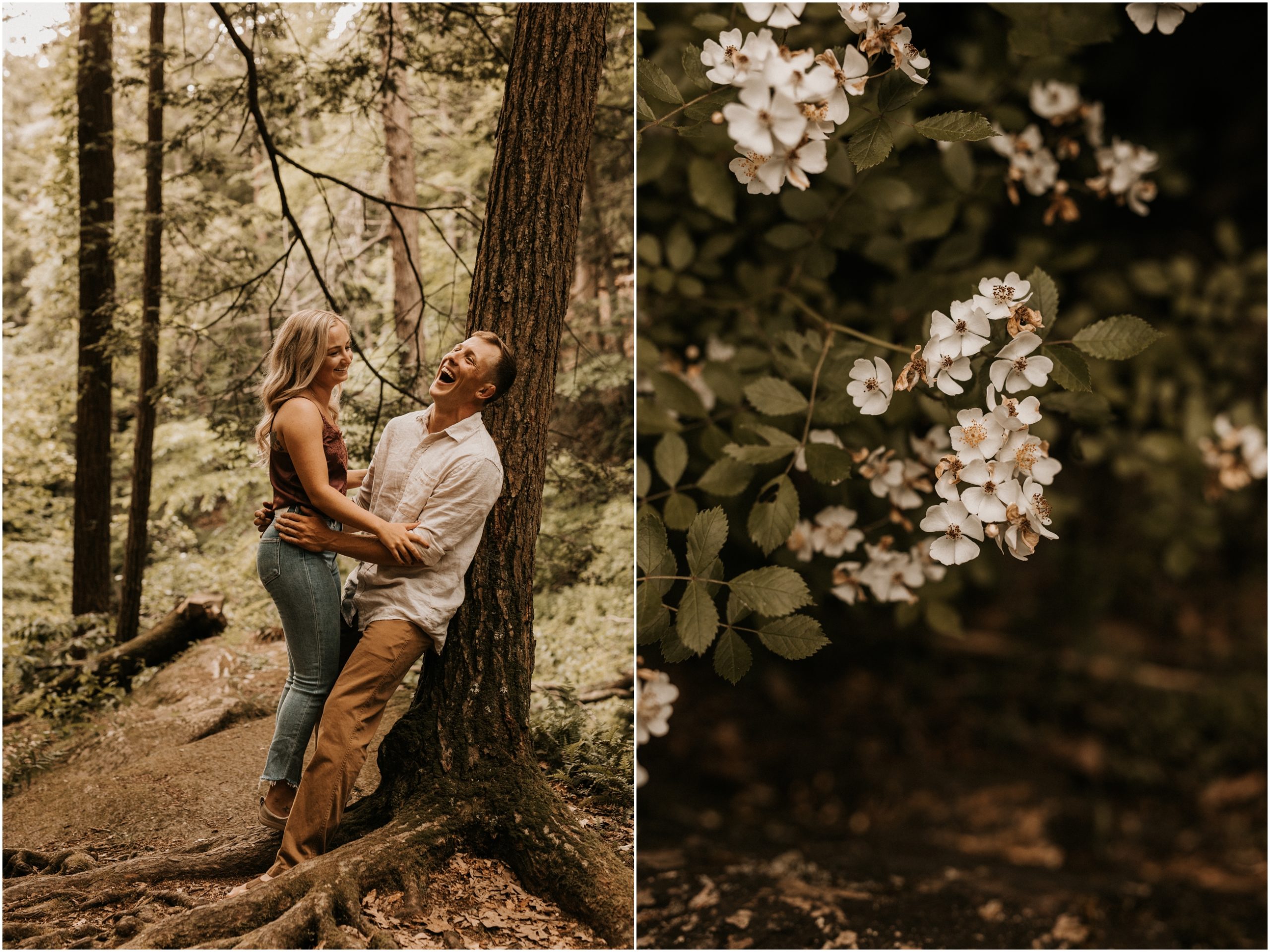 couple laughing and leaning up against tree