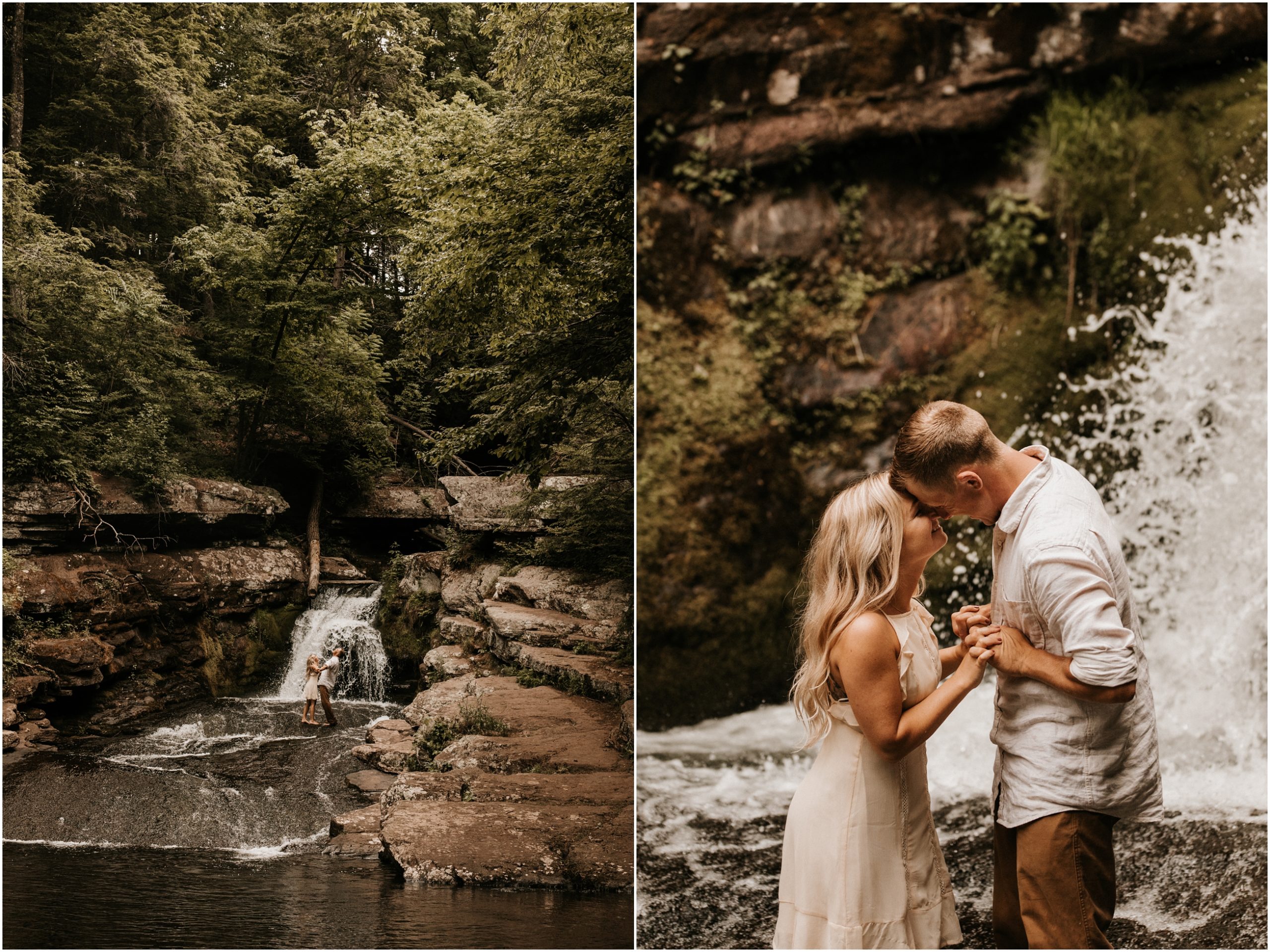 couple kissing in new jersey waterfall