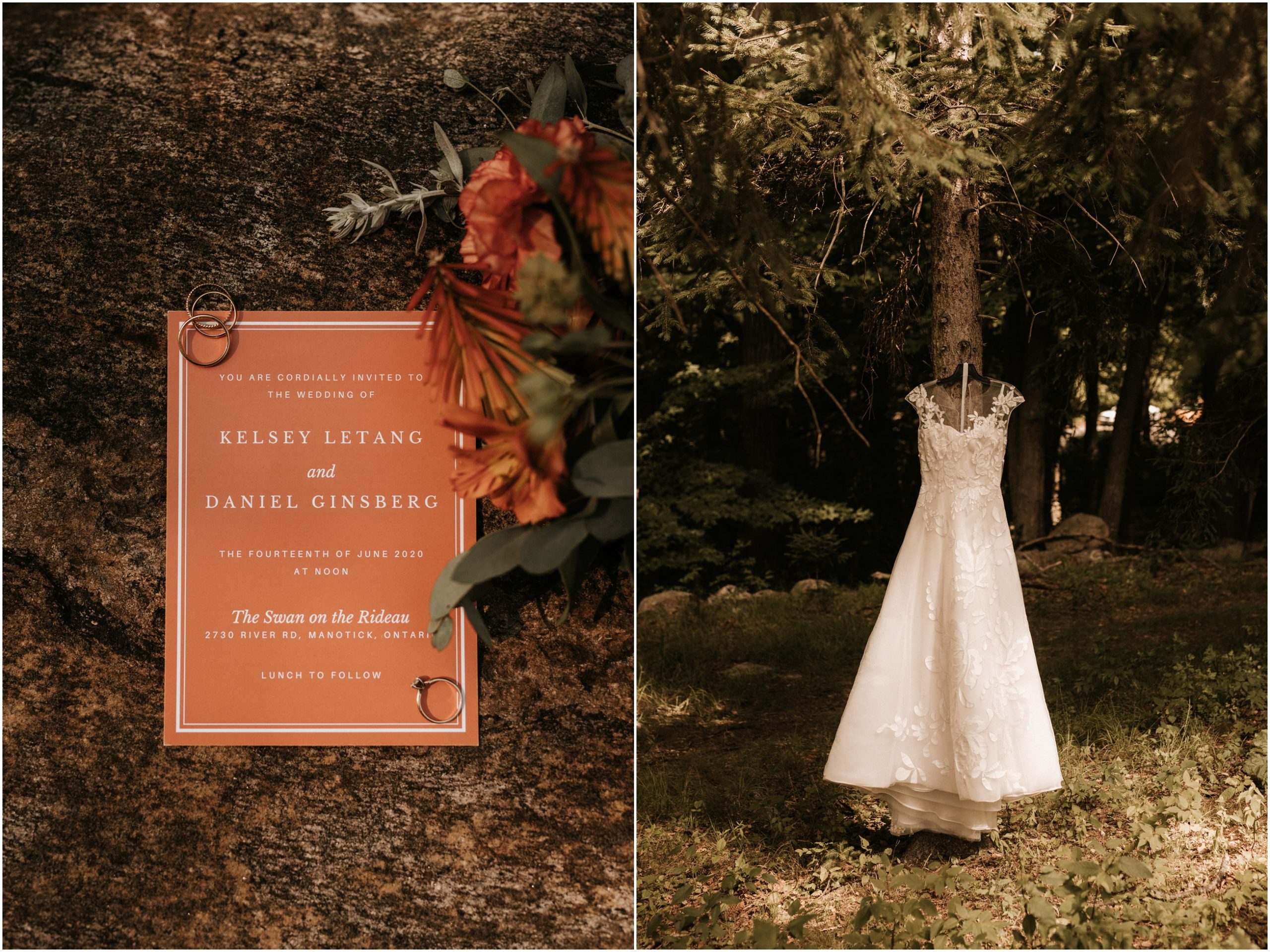 wedding dress hanging in woods