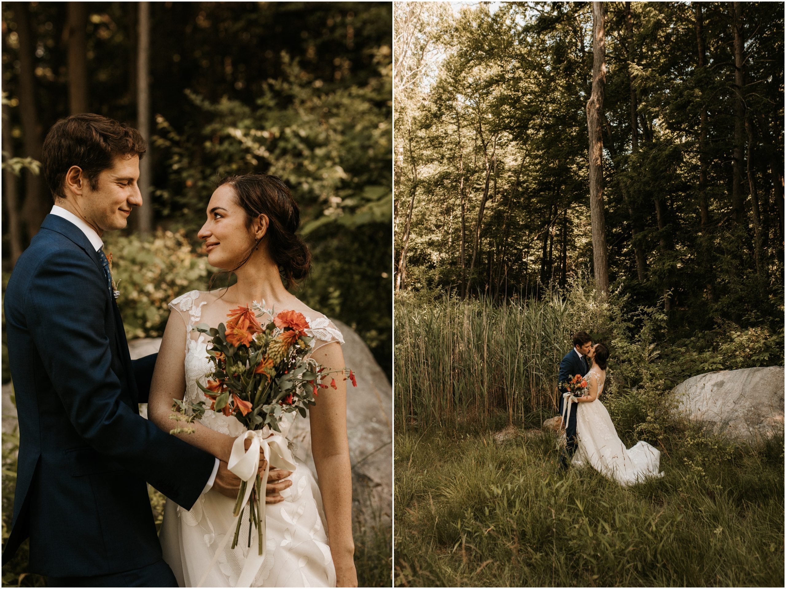 bride and groom in nature for wedding portraits