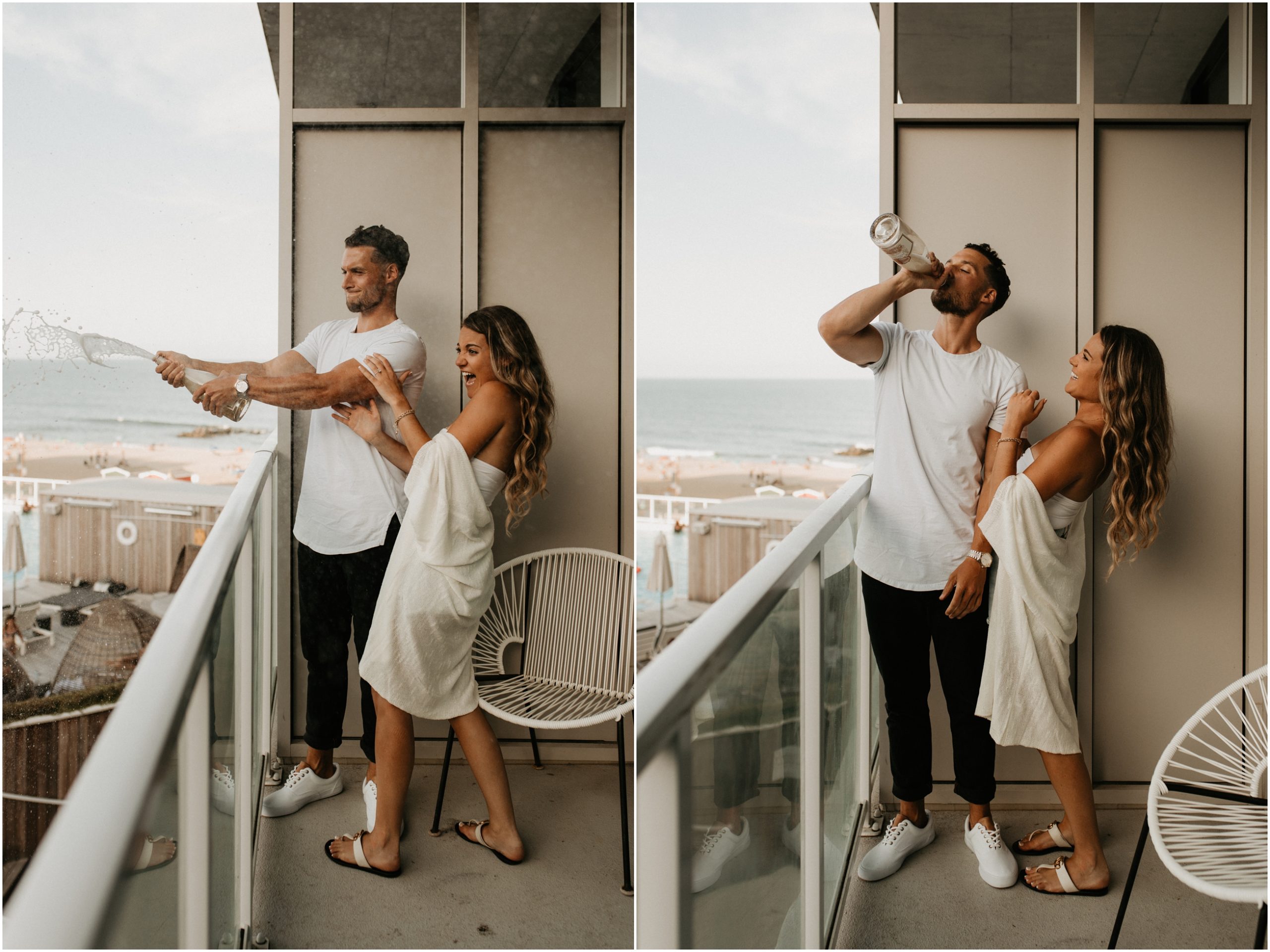 couple popping champagne on balcony at wave resort in long branch new jersey