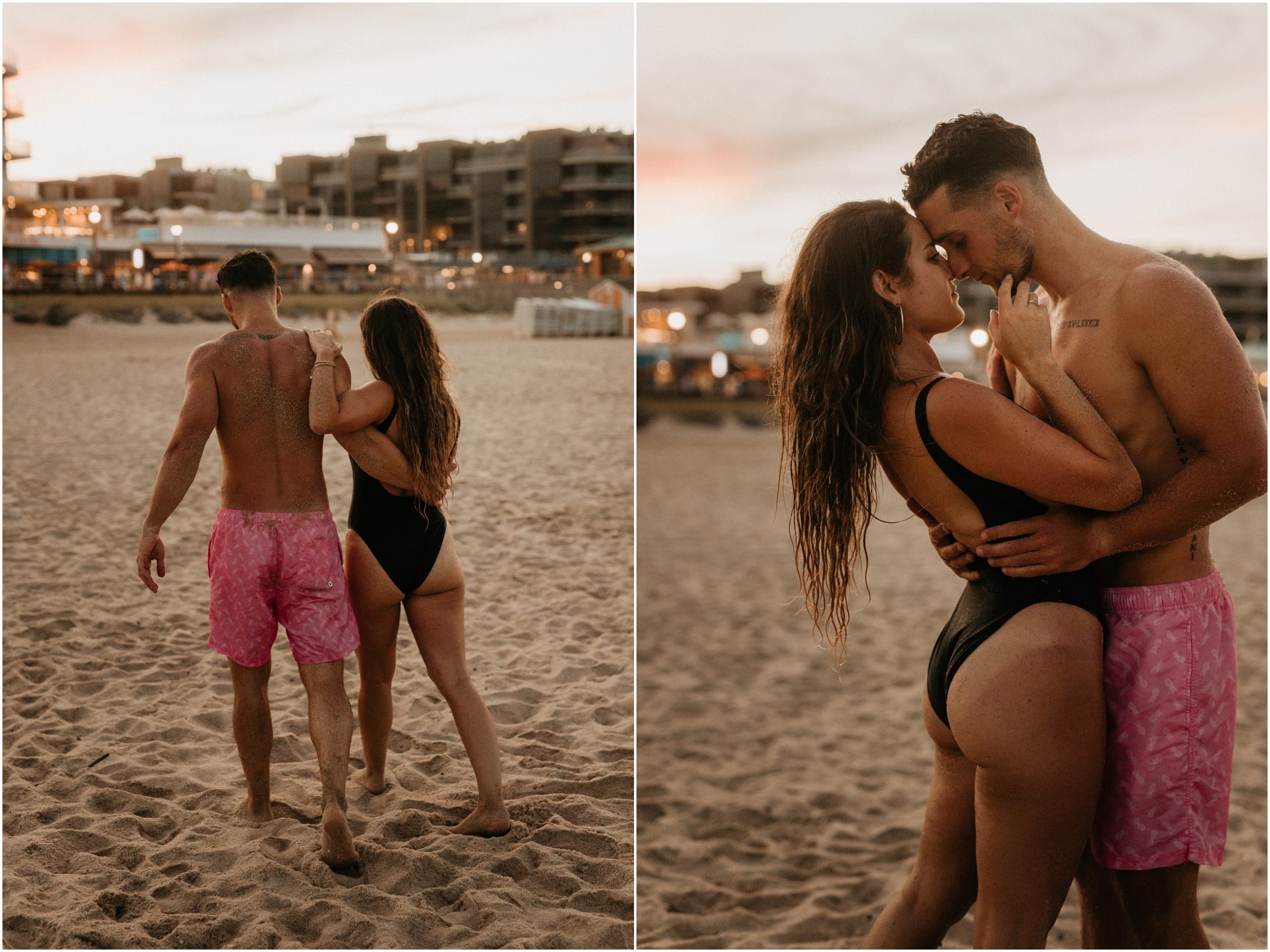 couple kissing on beach at sunset