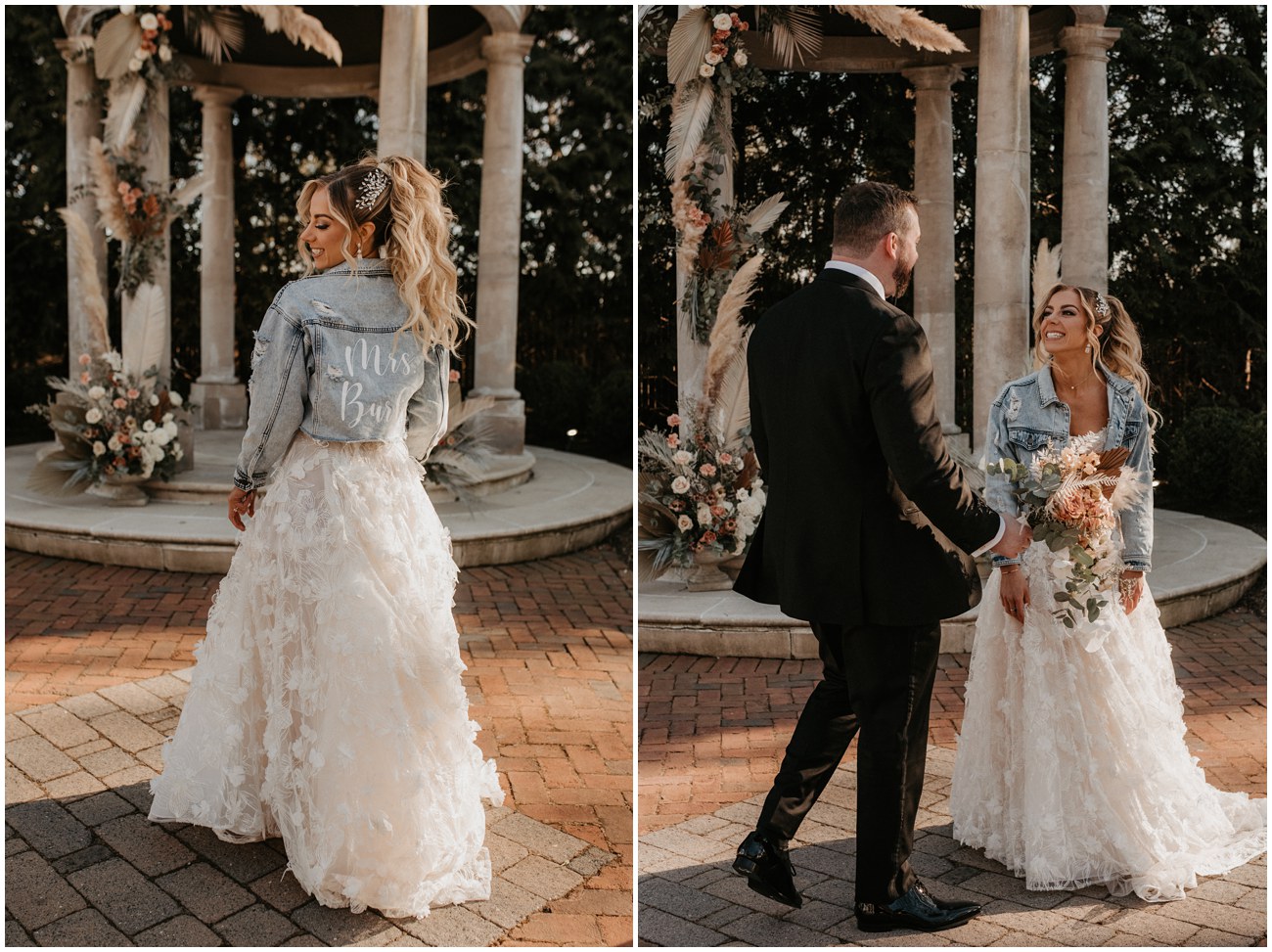 bride in customized denim jacket on wedding day