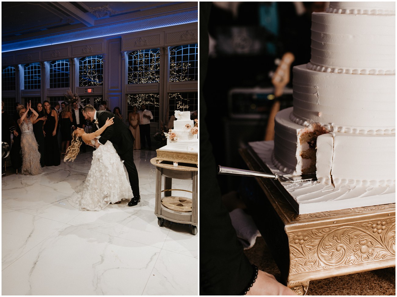 bride and groom cut cake during wedding reception at florentine gardens in new jersey