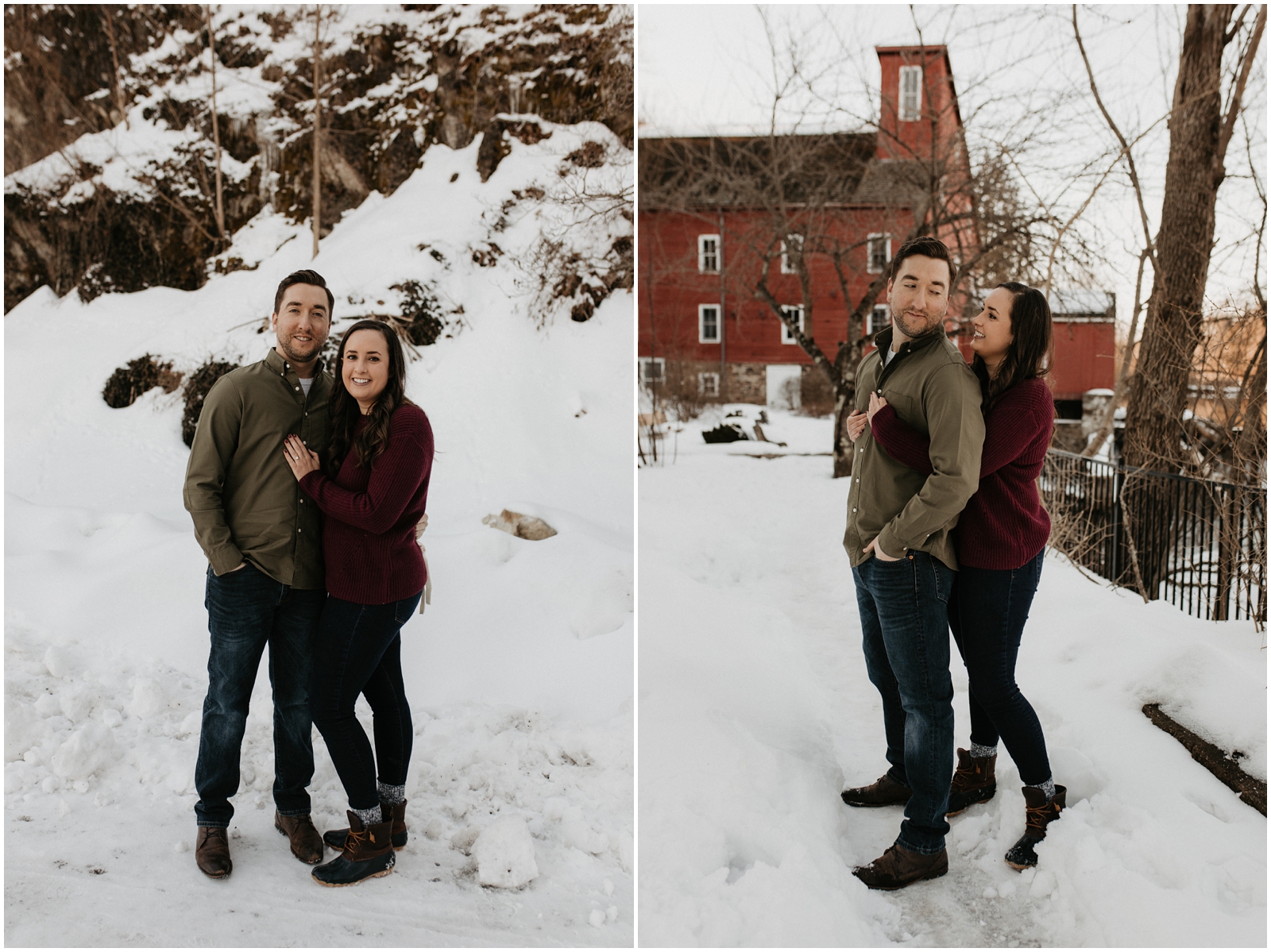 winter engagement session at red mill museum village
