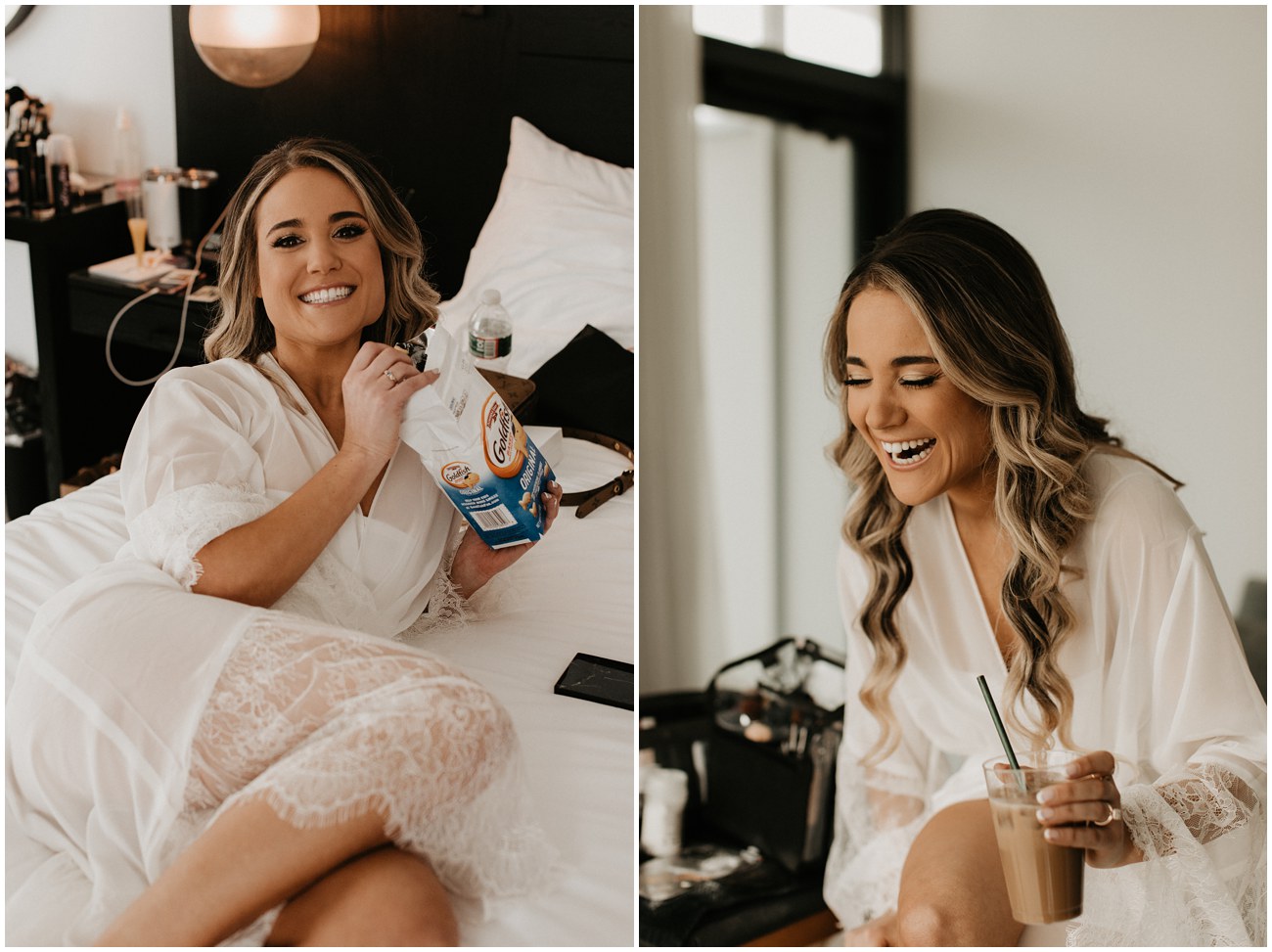bride sitting on bed eating goldfish and laughing