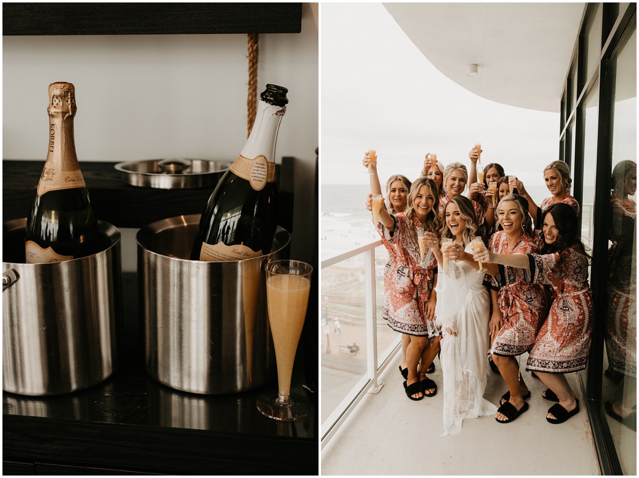 bride and bridesmaids in matching robes toasting with mimosas