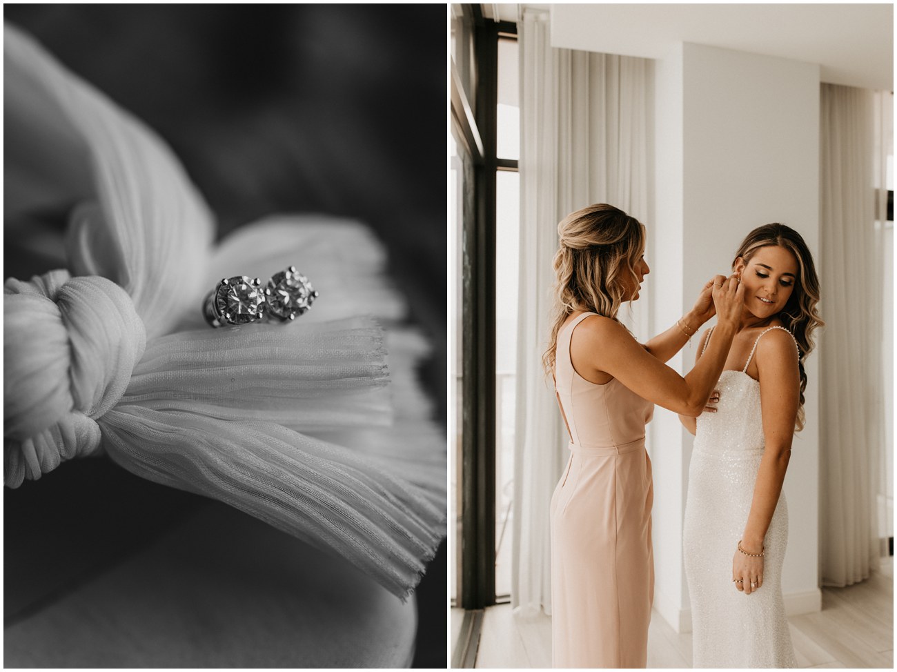 bridesmaid putting bride's earring on and close up of earrings