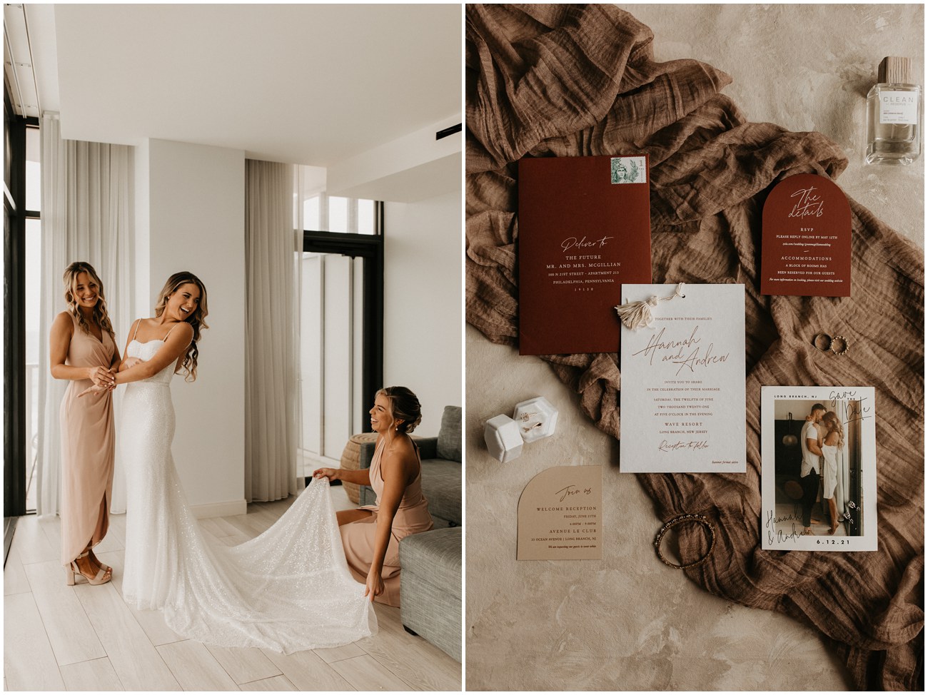 maids of honors fluffing bride's wedding dress and wedding invitation suite