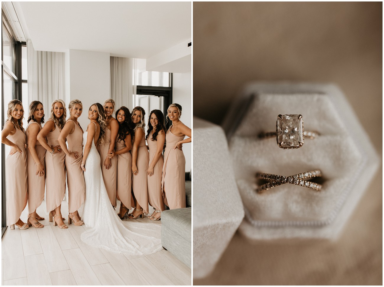 bridesmaids group photo in hotel room