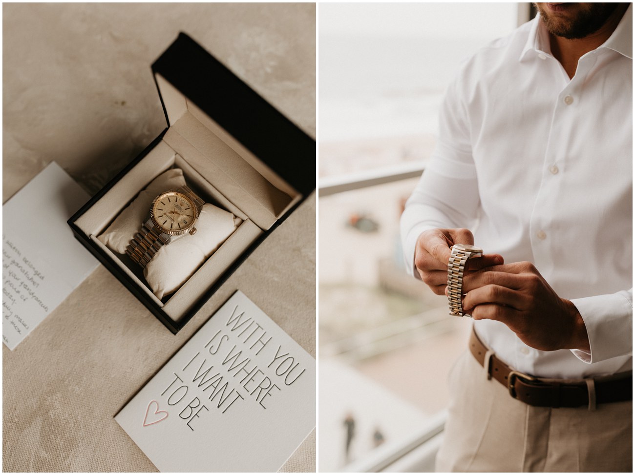 groom opening watch, a gift from bride