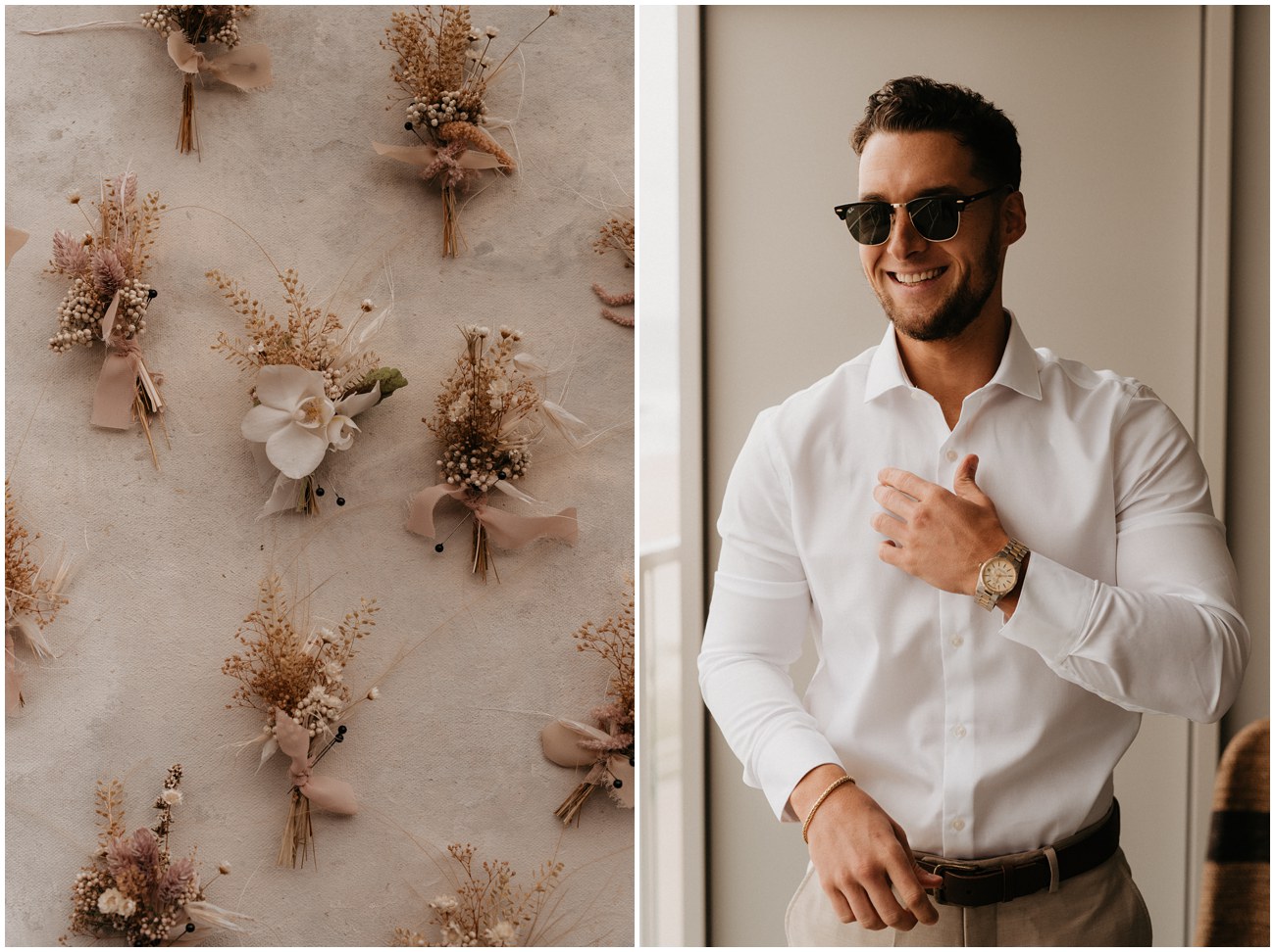 portrait of groom laughing side by side with floral boutonnières