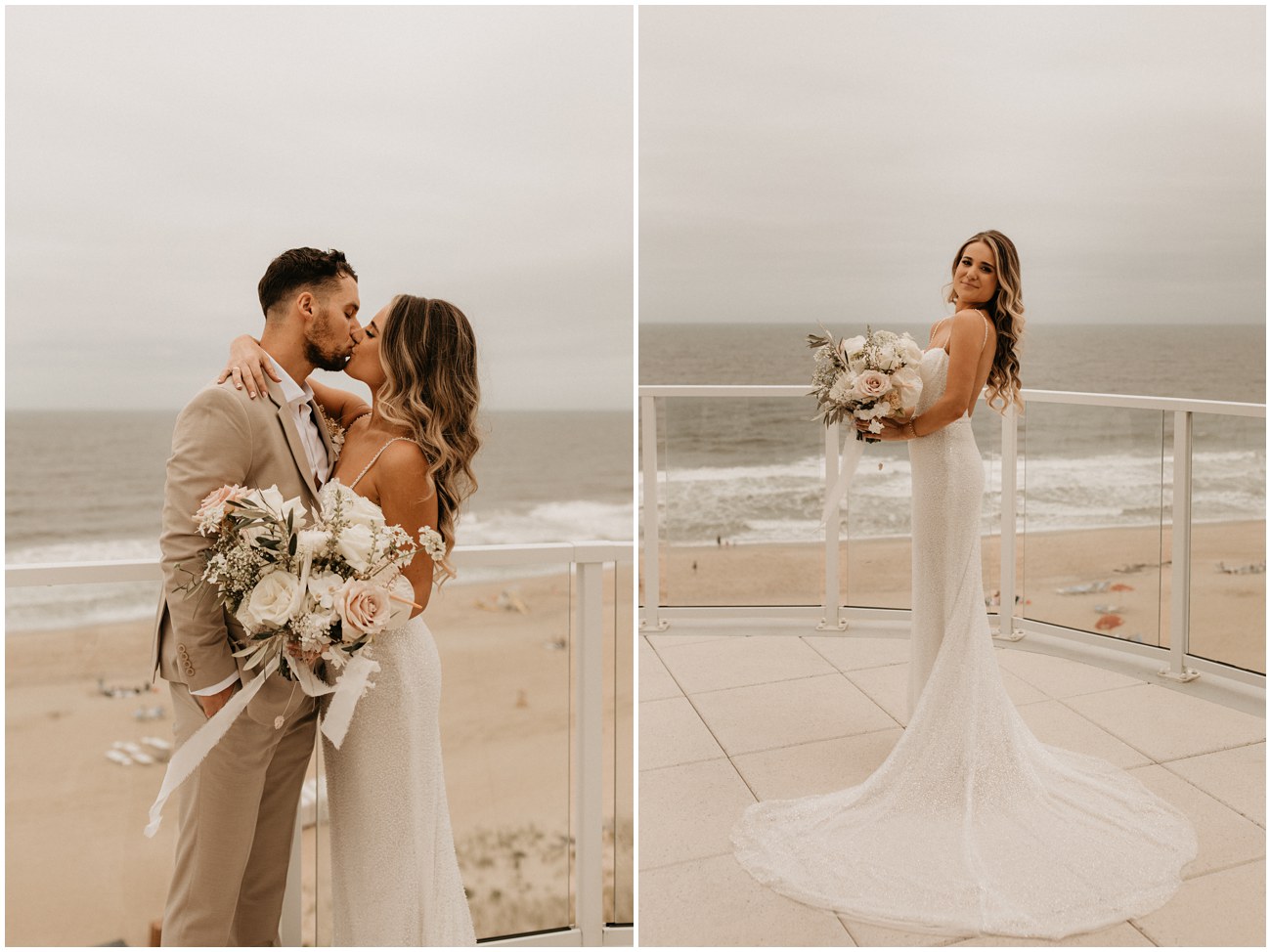 bride and groom kissing on balcony of Wave Resort in Long Branch, NJ