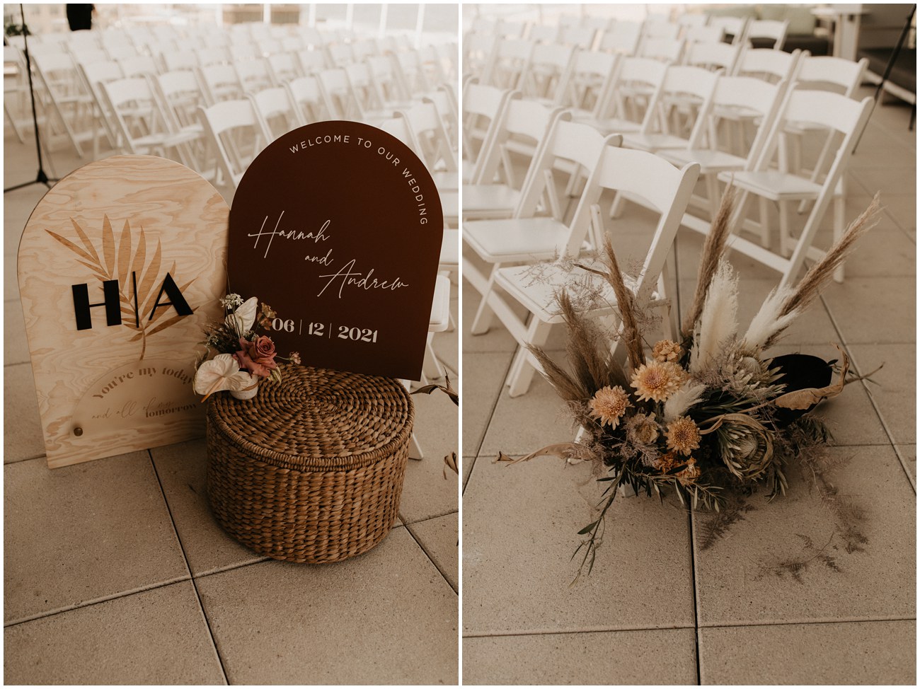 boho chic wedding florals and decor for ceremony set up on balcony of Wave Resort