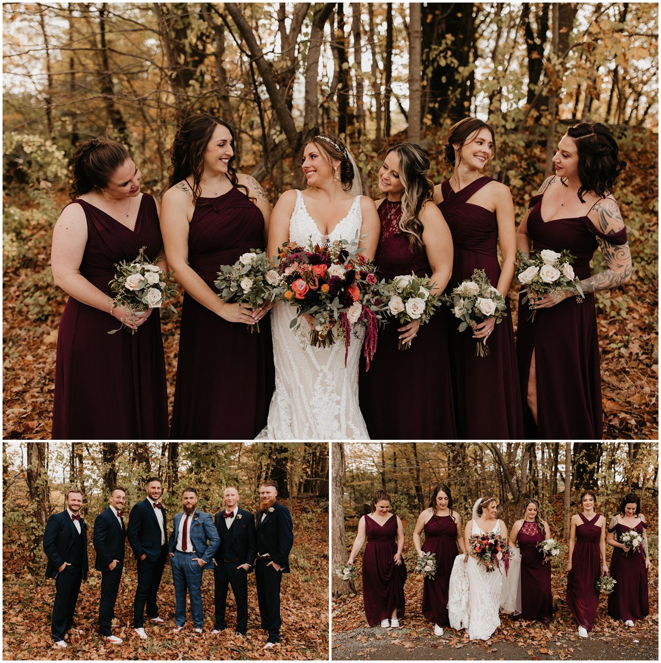 collage of wedding party at fall Rock Island Lake Club wedding
