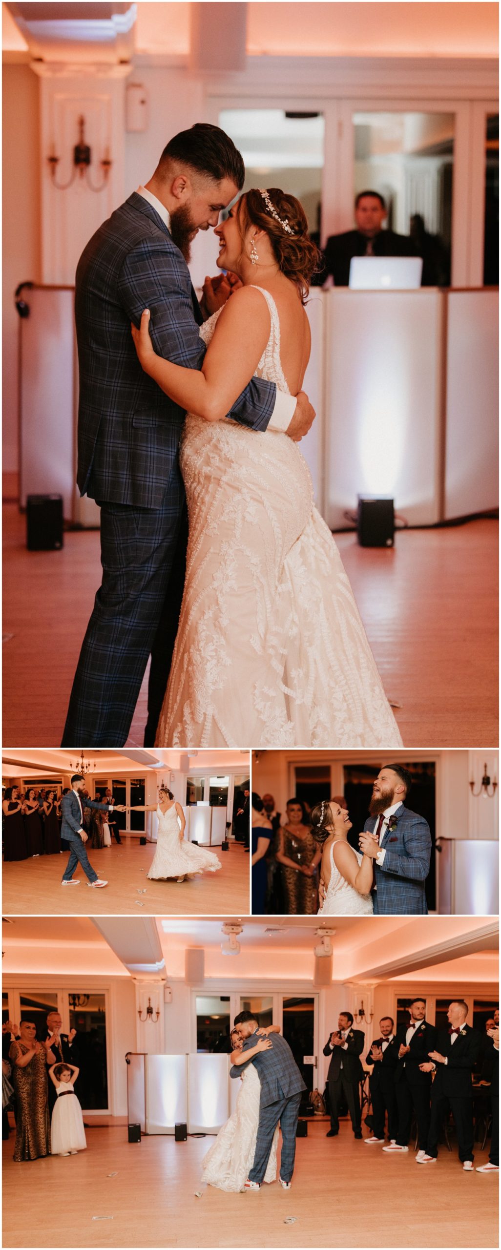 Collage of couple during their first dance at fall Rock Island Lake Club wedding