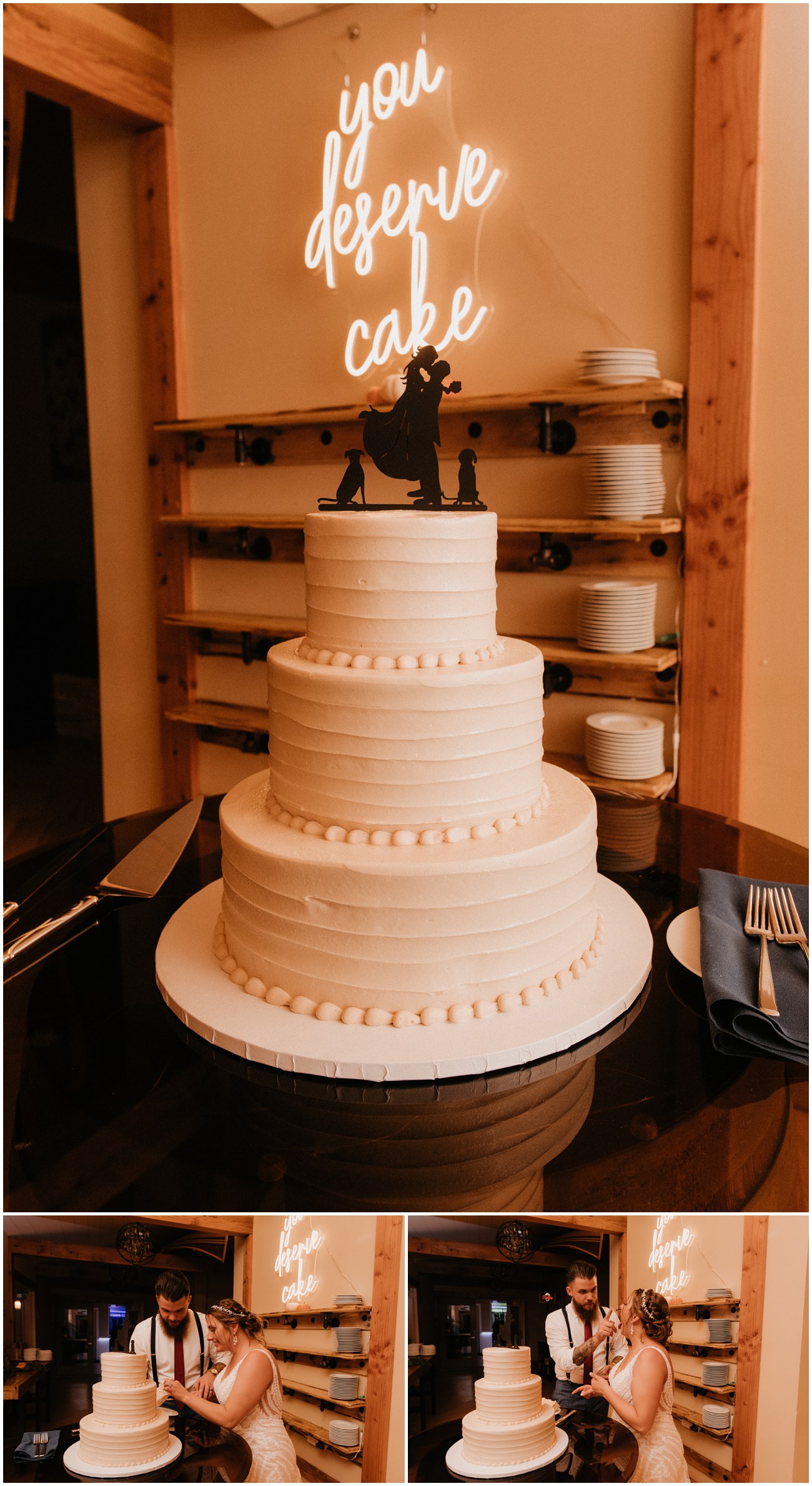 Collage of couple cutting wedding cake at fall Rock Island Lake Club wedding