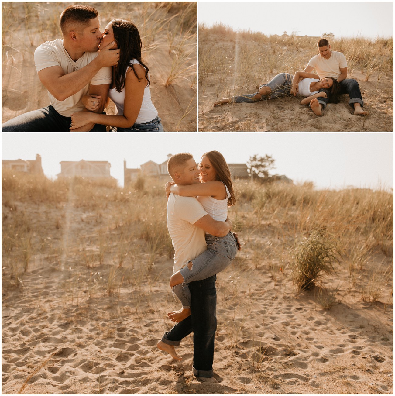Collage of couple on the dune of Sea Girt beach for a romantic engagement shoot