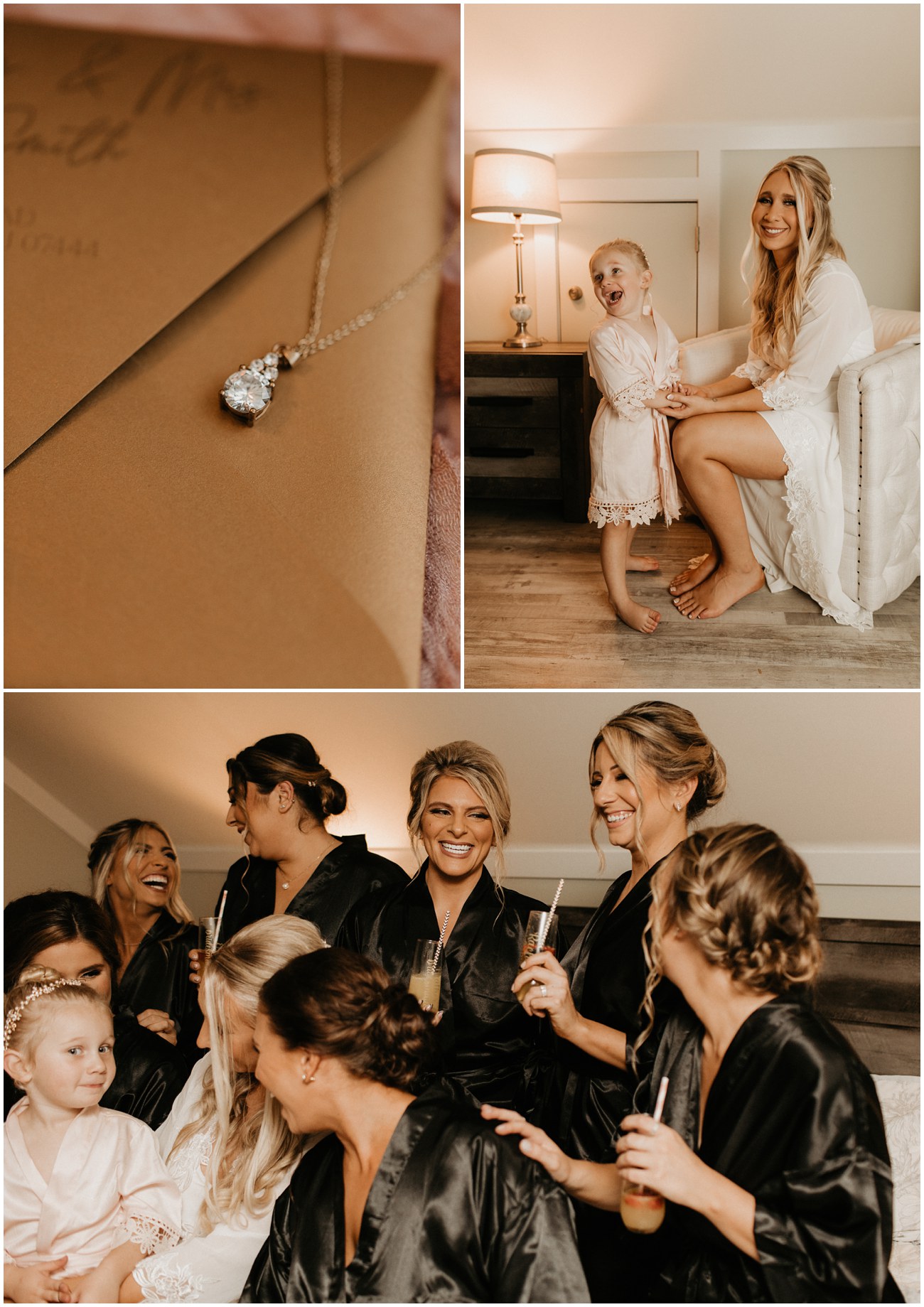 Collage of Bride, her details, and her wedding party in the bridal suite at Trout Lake wedding