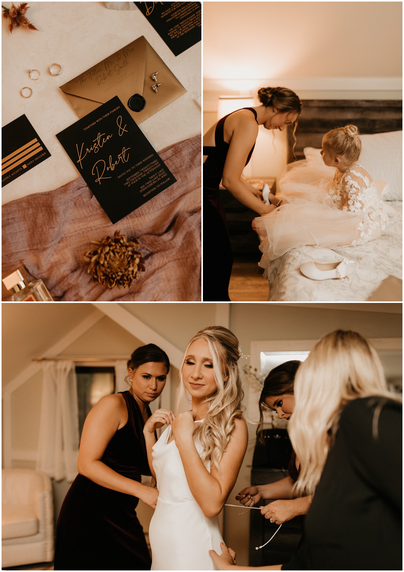 Collage of Bride, her details, and her wedding party in the bridal suite at Trout Lake wedding