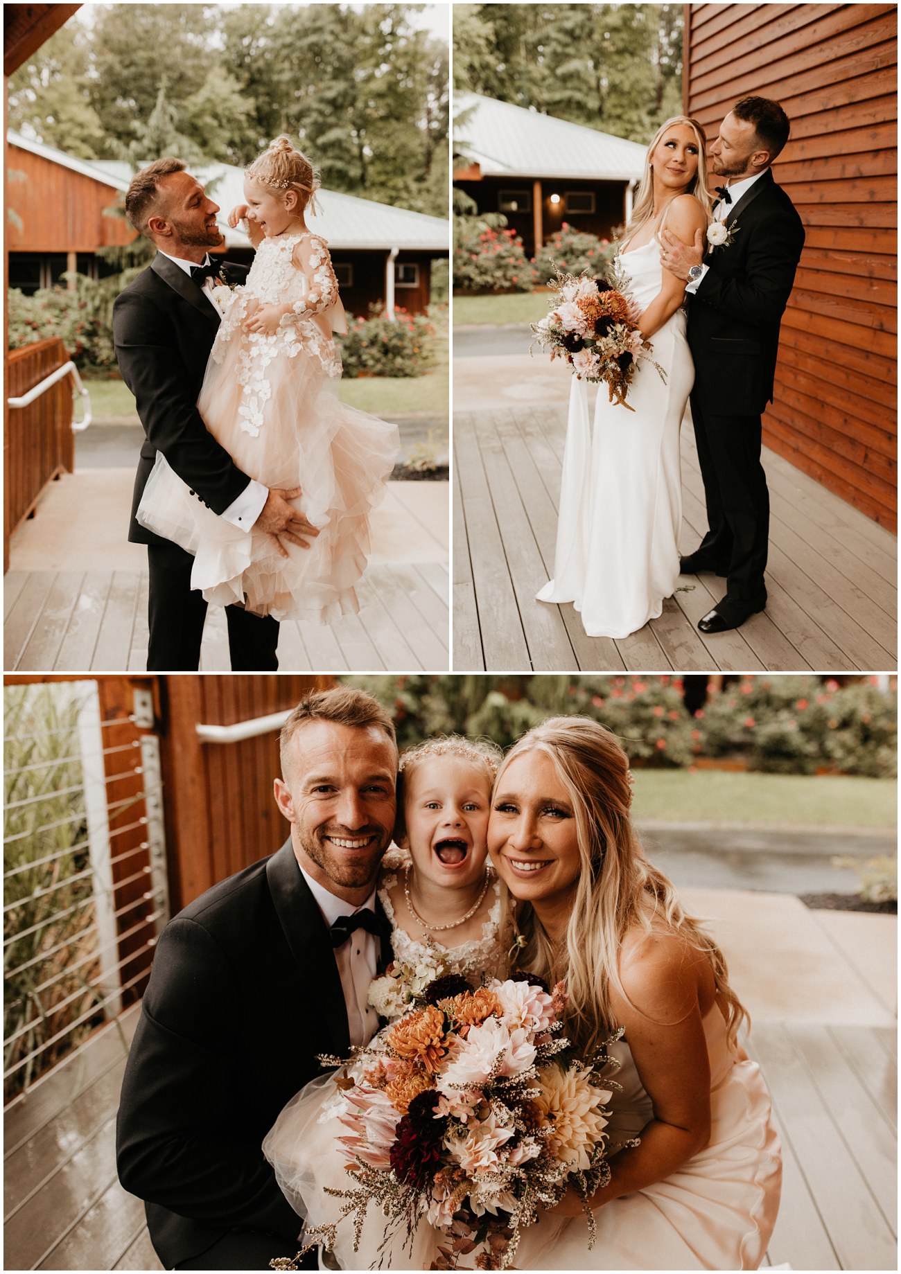 Collage of bride, groom, and their daughter at Trout Lake wedding