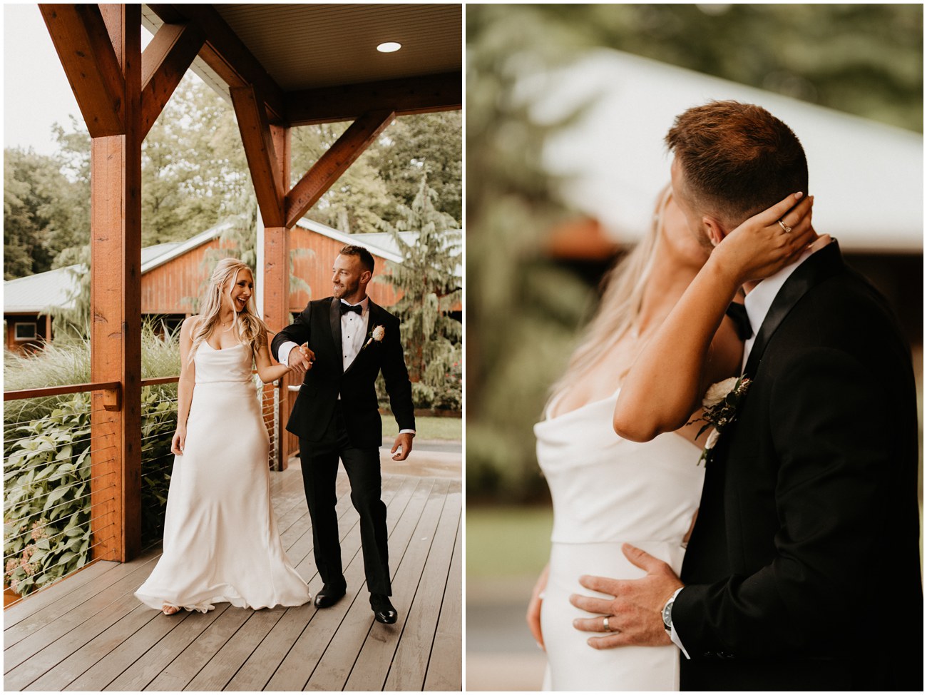 Collage of bride and groom being playful on porch of rustic building