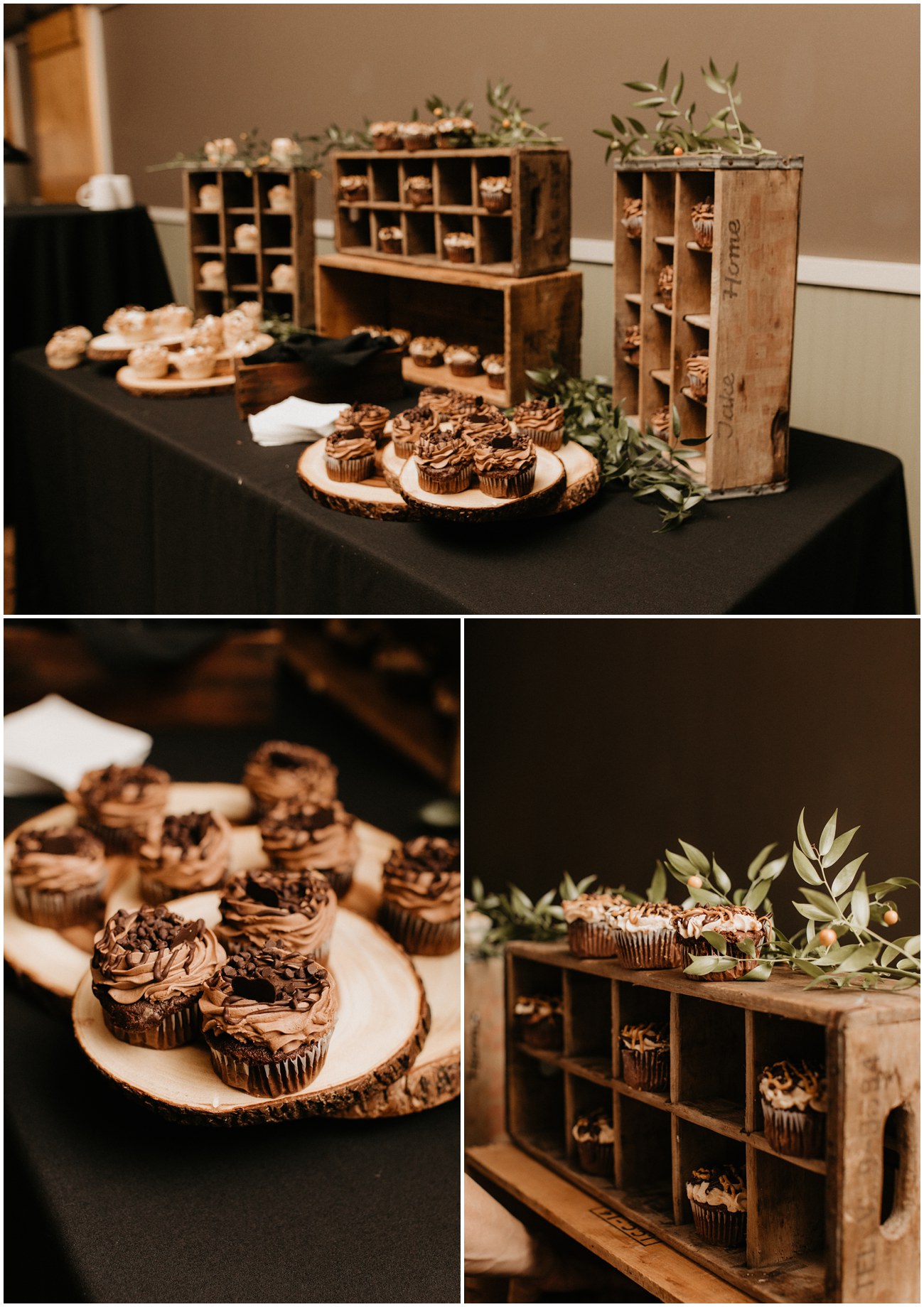 Collage of dessert table, with black linens and wooden crate towers of cupcakes, at Trout Lake wedding