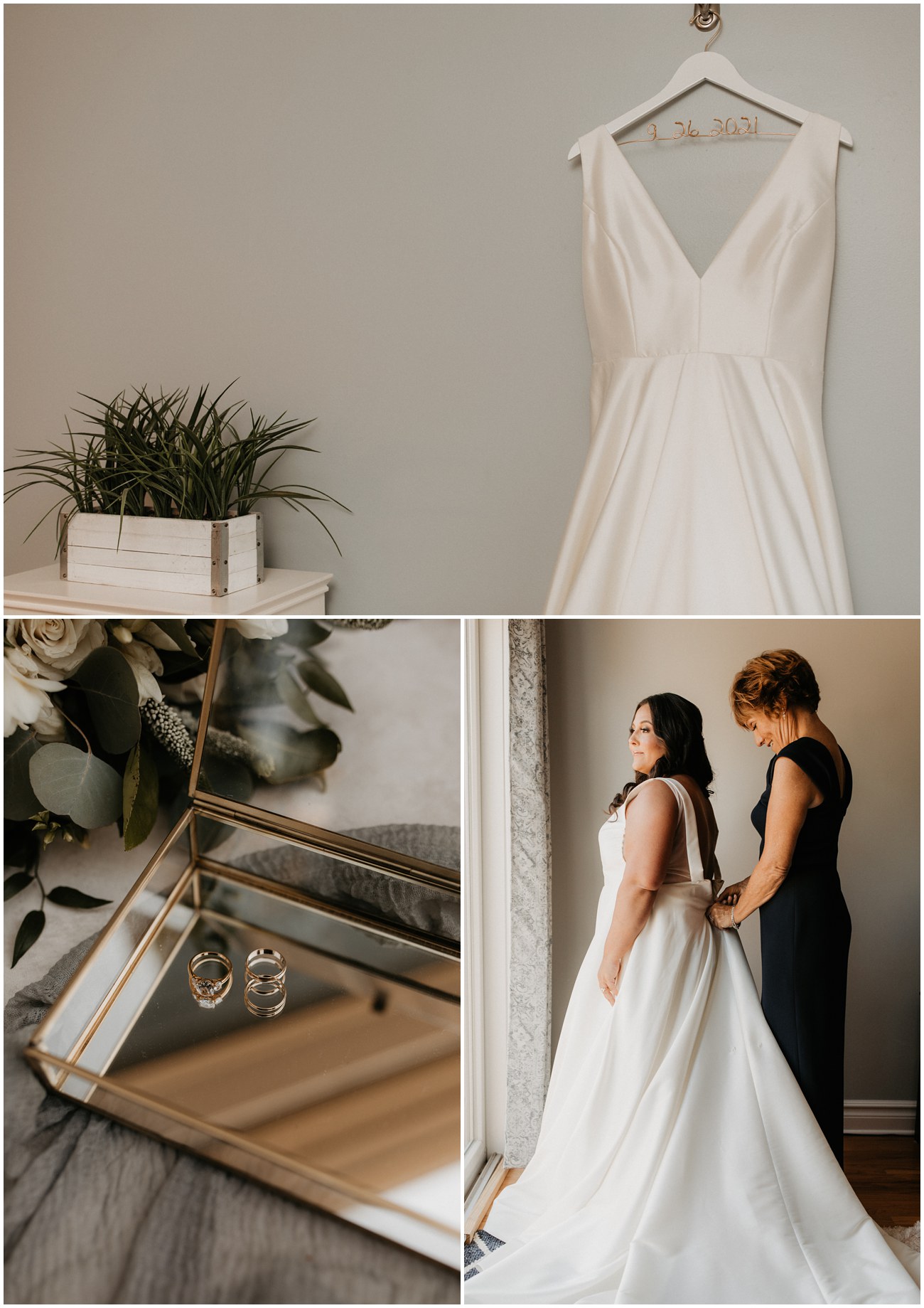 Collage of bridal details and Bride getting dressed