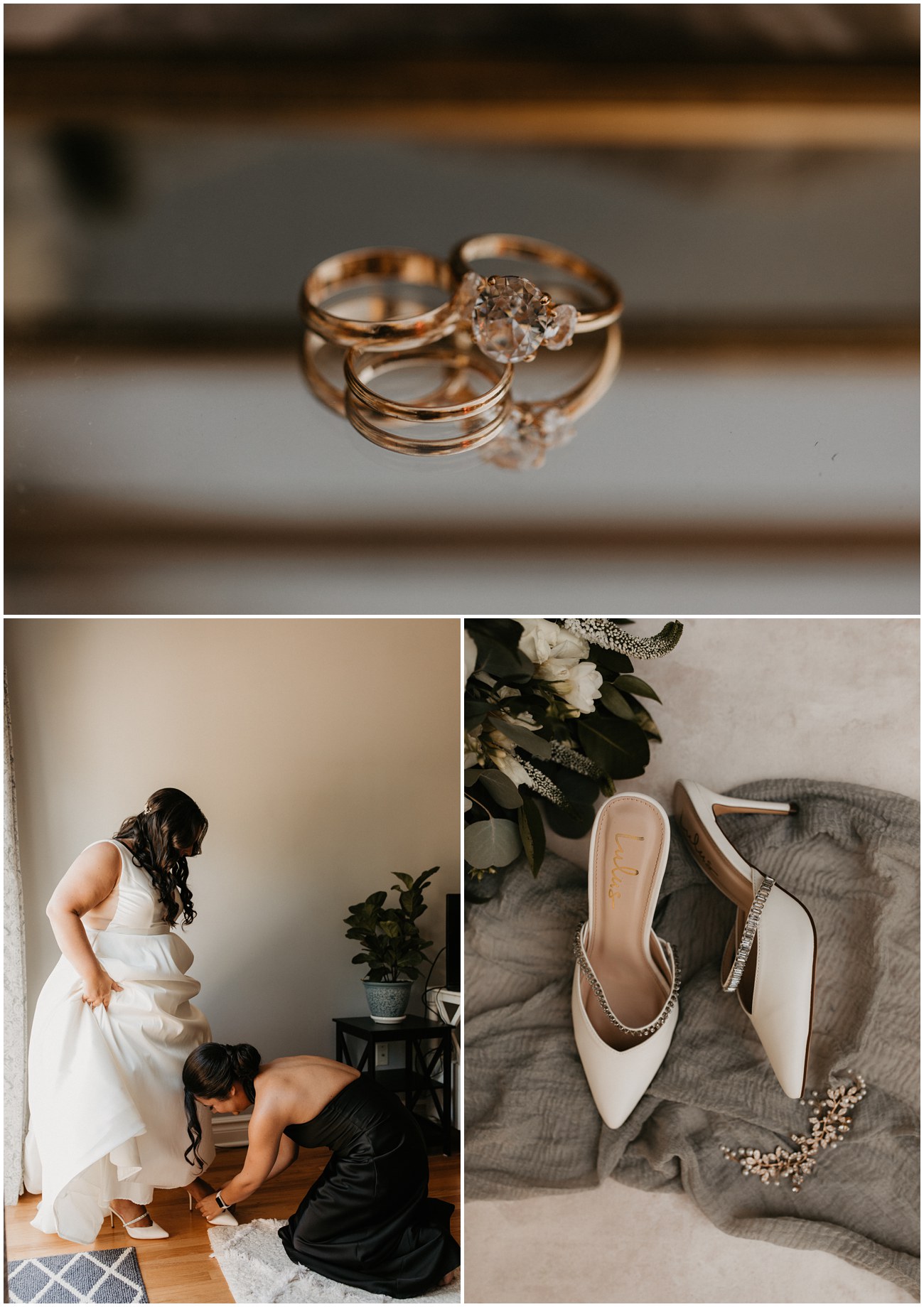 Collage of bridal details and Bride putting her shoes on