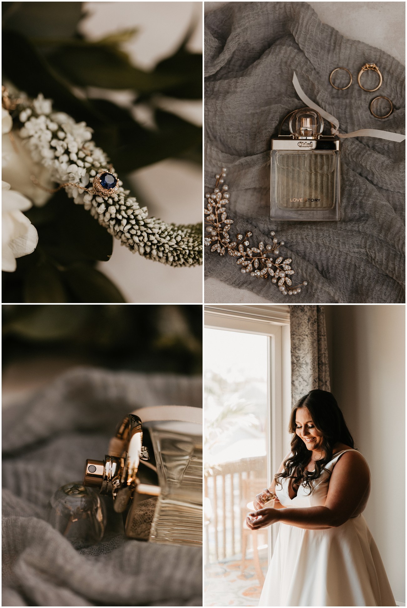 Collage of bridal details and Bride applying her perfume