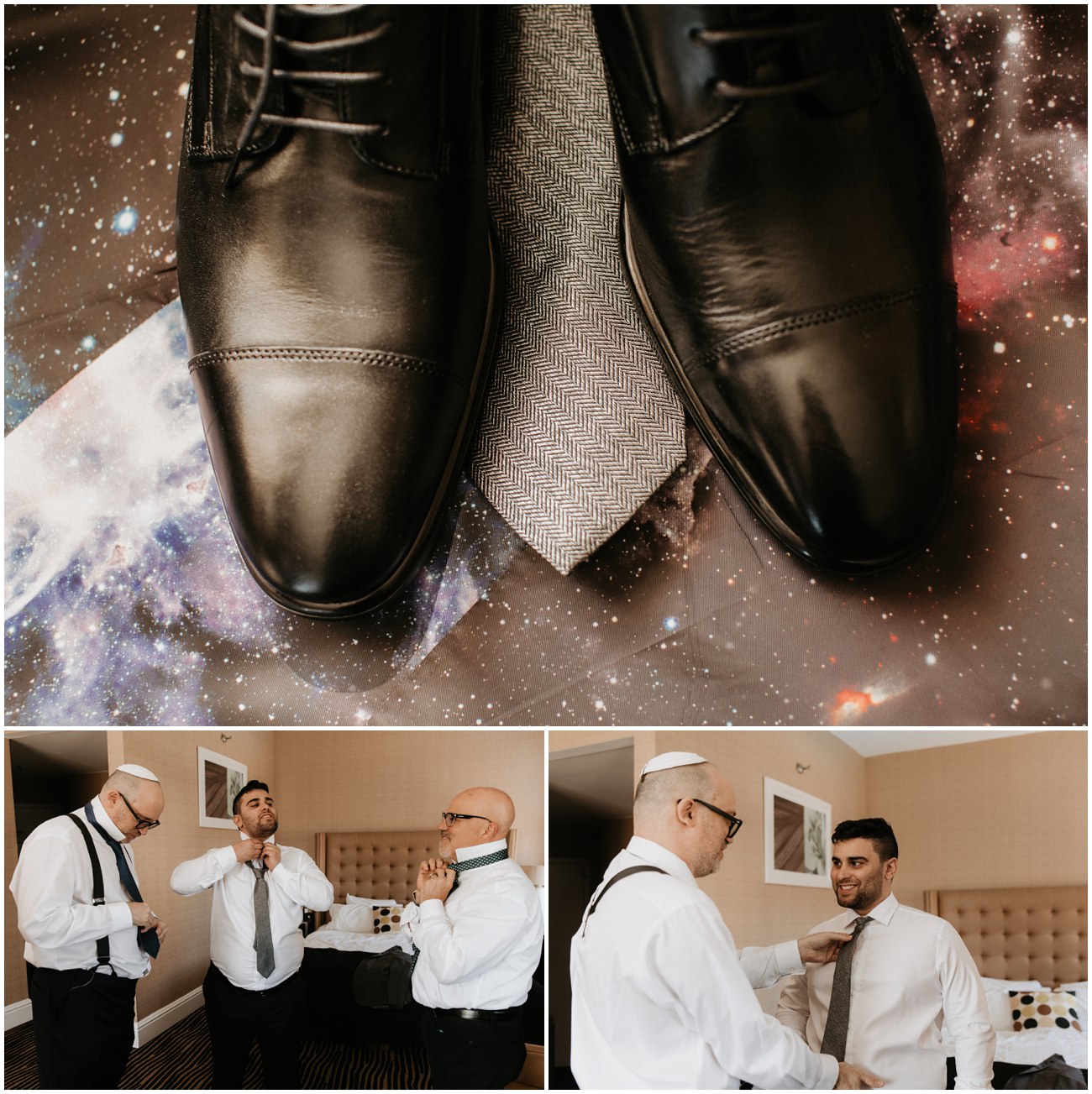 Collage of groom details and the groomsmen getting ready