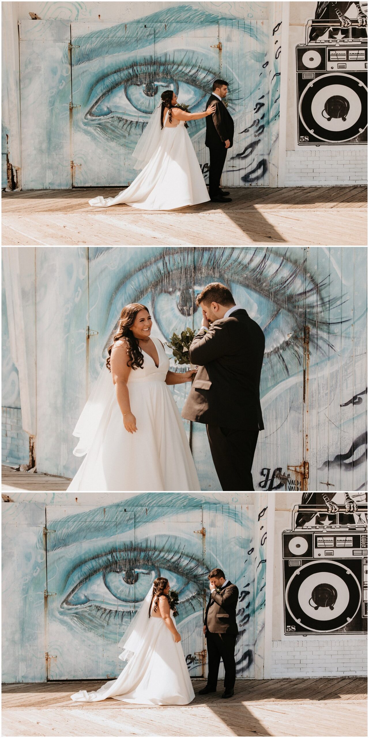 Collage of Bride and Groom meeting for a First Look on the boardwalk in Asbury Park