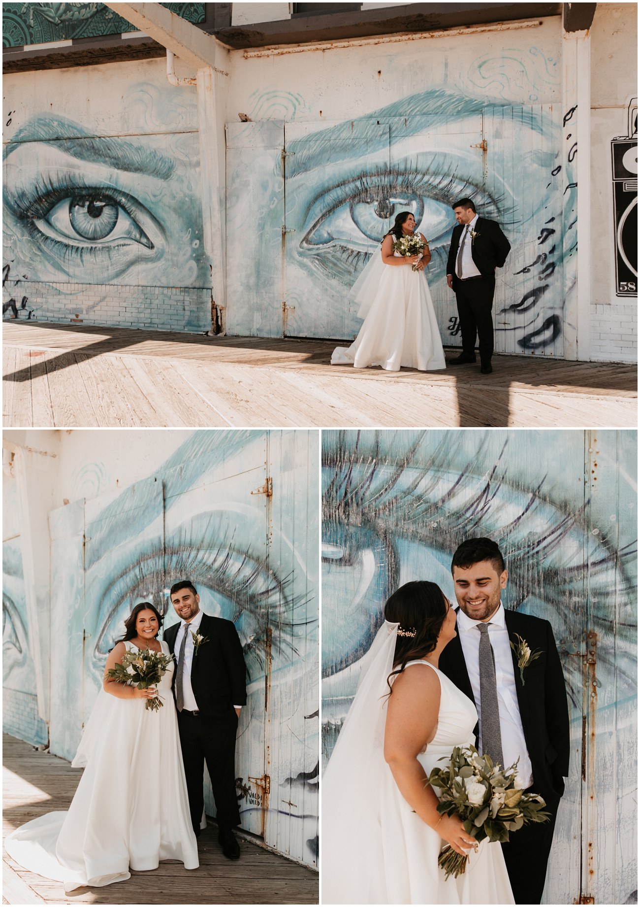 Collage of Bride and Groom meeting for a First Look on the boardwalk in Asbury Park